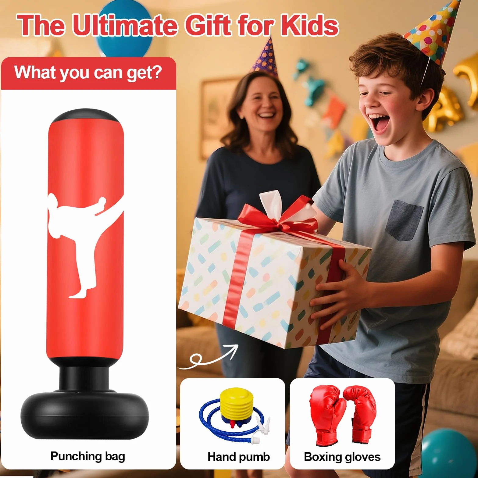 Sac de Frappe Enfant, 160cm Sac de Boxe avec Gants et Pompe, Gonflable Punching Ball Enfants pour Taekwondo Karaté, 3-12 Ans Cadeaux pour GarçOns et Filles Set de Boxe pour Bureau,Gym