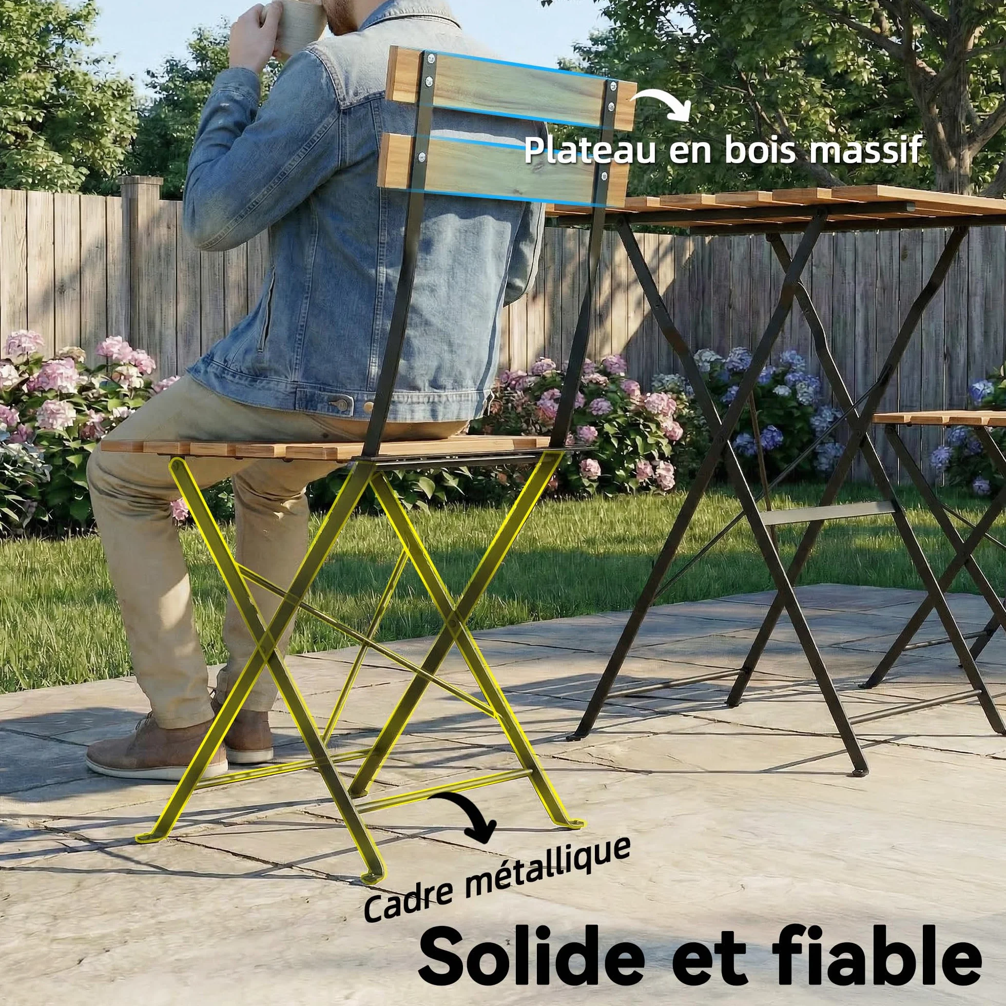 Outsunny Ensemble de Salon de Jardin 3 Pièces, Table Carrée en Bois d'Acacia, 2 Chaises Pliantes, Cadre Métal, Naturel