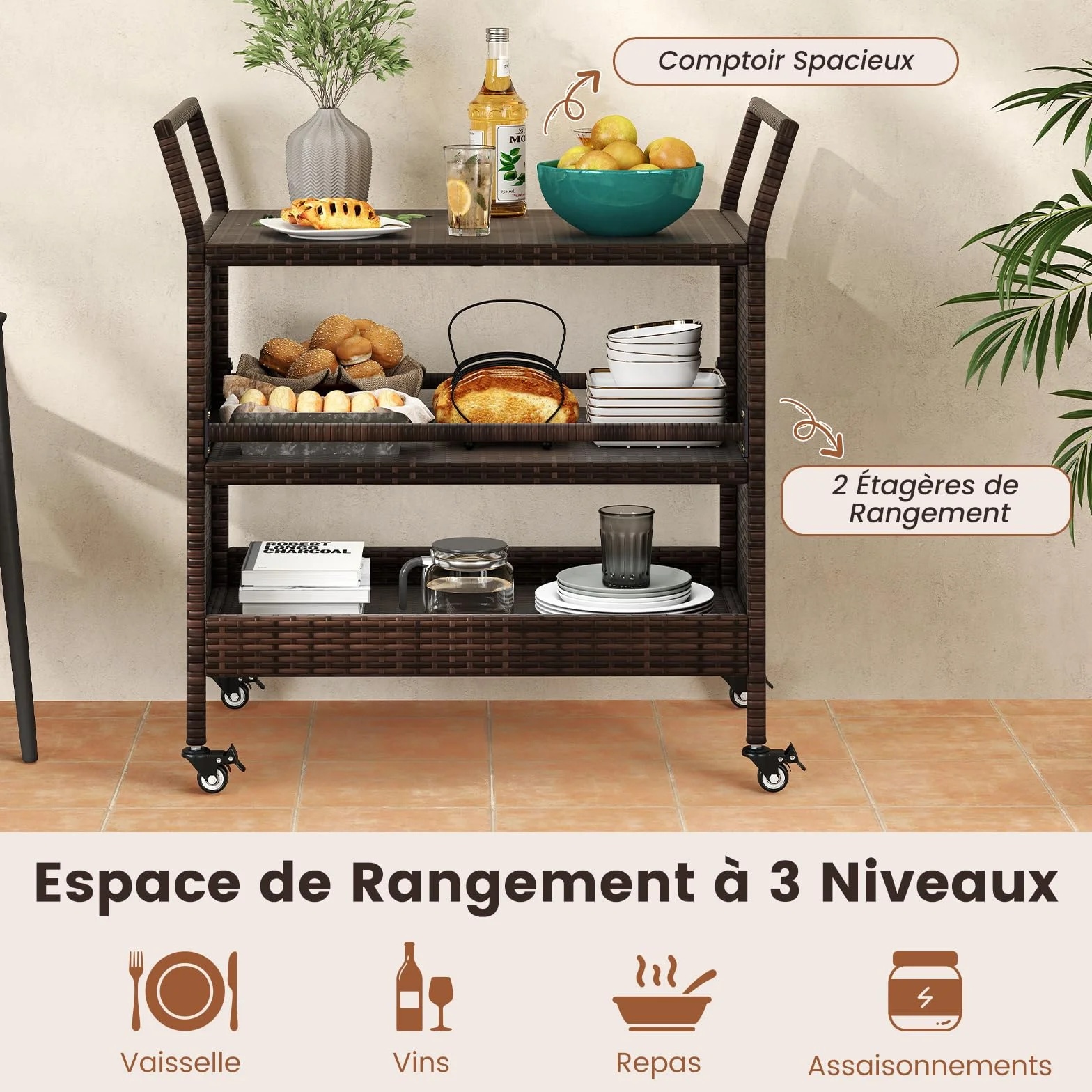 COSTWAY Chariot de Bar Extérieur, Chariot à roulettes en Rotin 3 Niveaux, Table de Service sur Roues pour Jardin