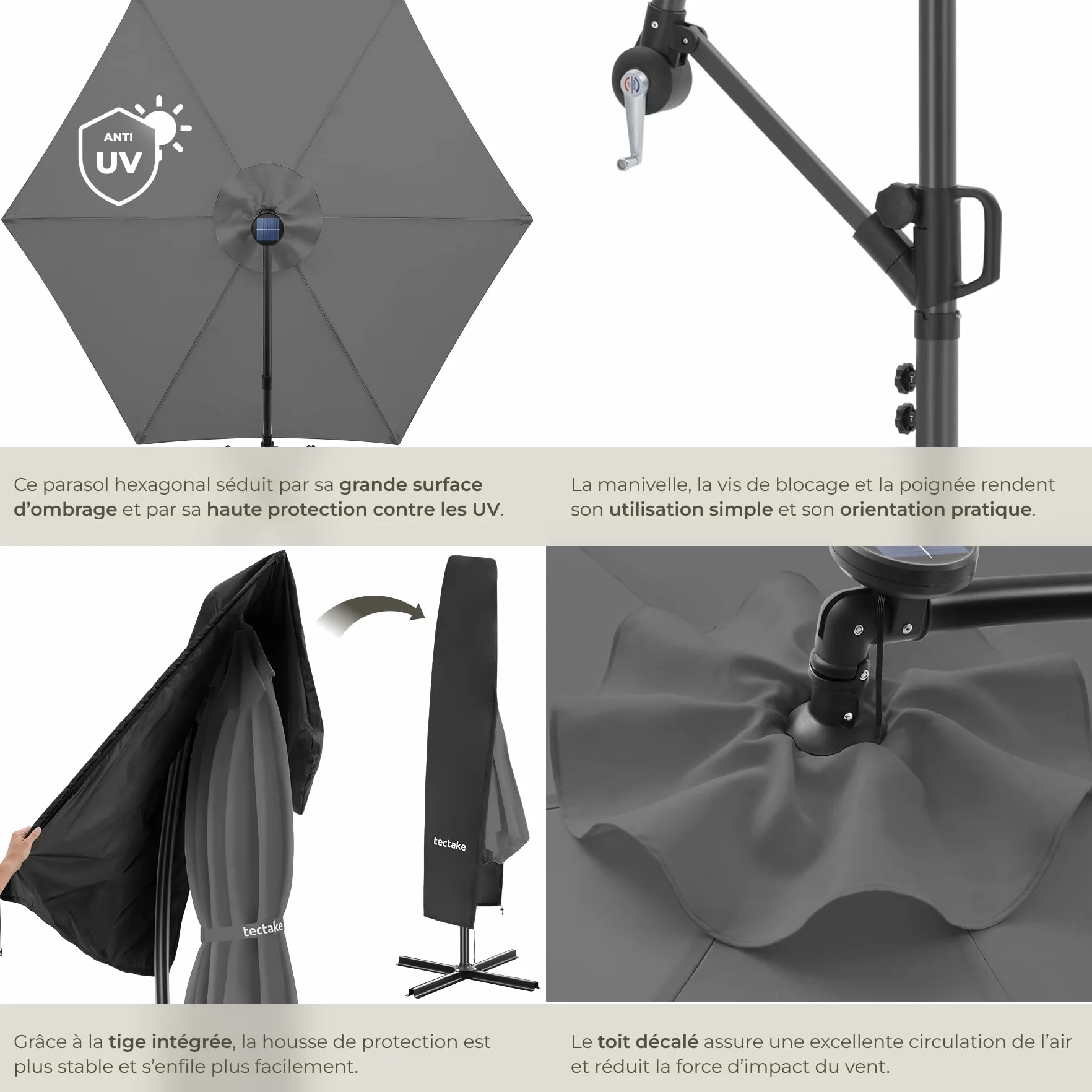 Tectake Parasol déporté 3,5 x 3,5 m avec Éclairage LED Pivotant 360° Inclinable UV 50+ Panneau solaire Jardin Terrasse