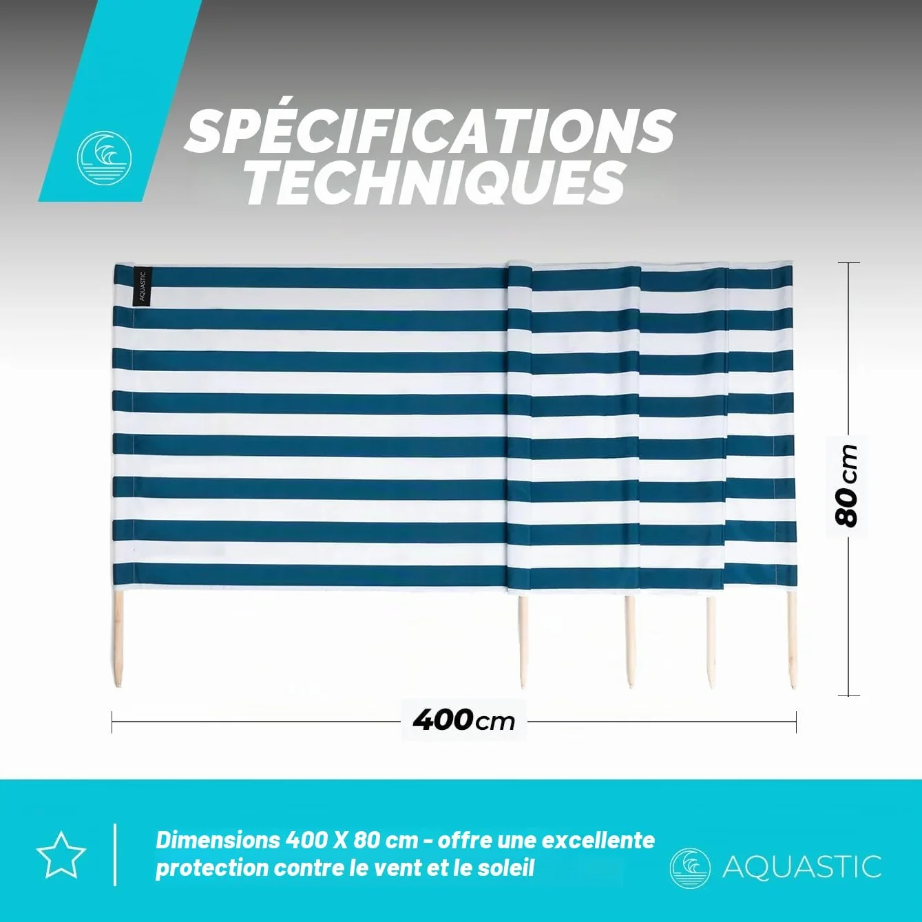 AQUASTIC Pare-Vent de Plage 4 m - Polyester avec piquets en Bois d'eucalyptus - 80 x 400 cm - Pliable avec Sac de Transport - pour la Plage et Le Camping