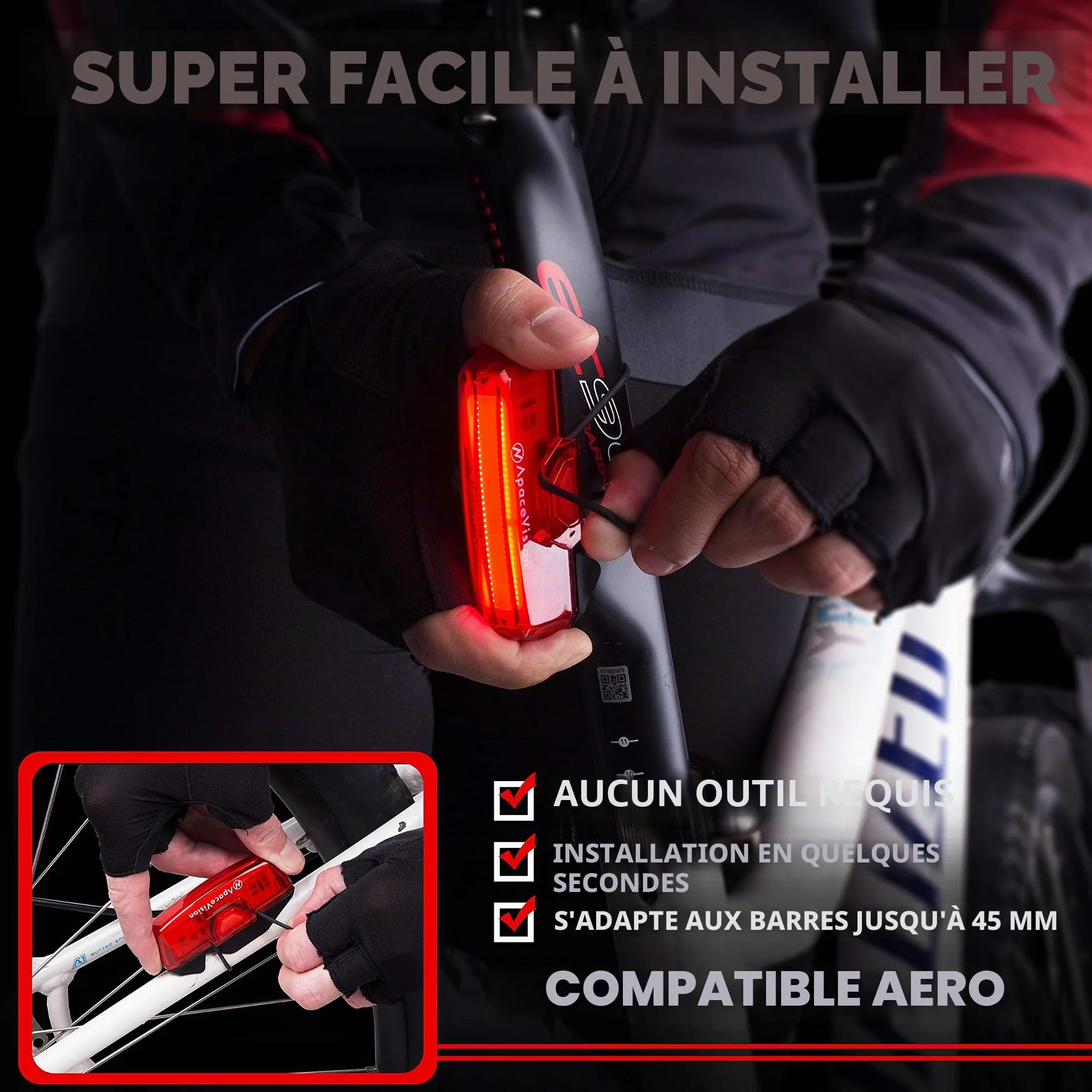 Feu arrière pour vélo rechargeable USB par Apace - Super lumineuse 100 Lumens Lampe arrière vélo ou VTT à LED Se clipse aisément pour servir d’Eclairage arriere rouge pour une sécurité optimale à vélo