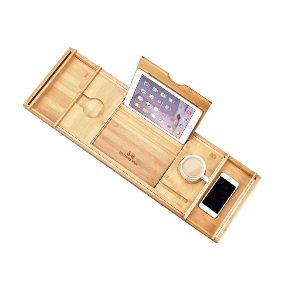 Plateau de Bain en Bambou, Pont de Baignoire Extensible, Etagère avec Rangement et Porte-Savon, 75-109cm