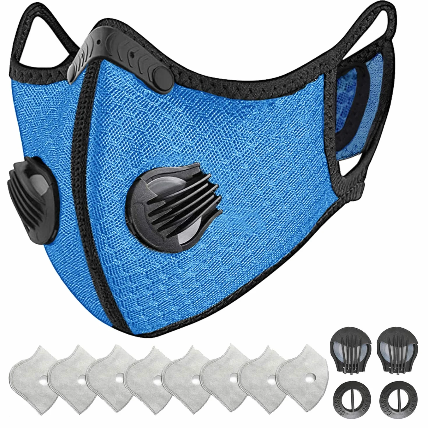 HONYAO Reusable Dust Face M Earloop Dust M, Sports Protective M with Activated Carbon Filter and Valves/for Motorcycle Cycling Running Outdoor Activities（1 Blue + 8 Additional Filters）
