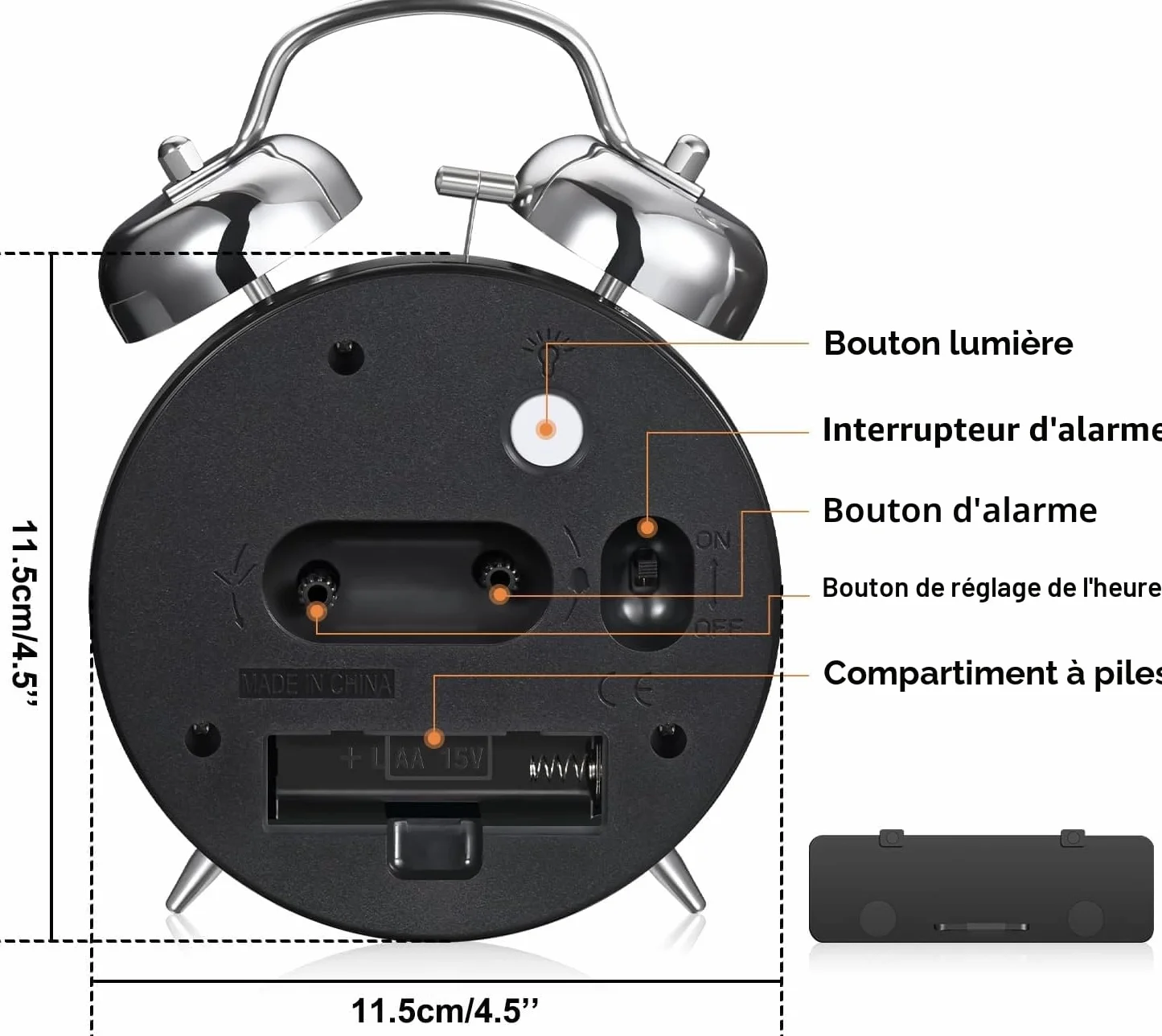 Réveil analogique rétro en métal à double cloche pour les dormeurs profonds, sans tic-tac, avec éclairage de nuit