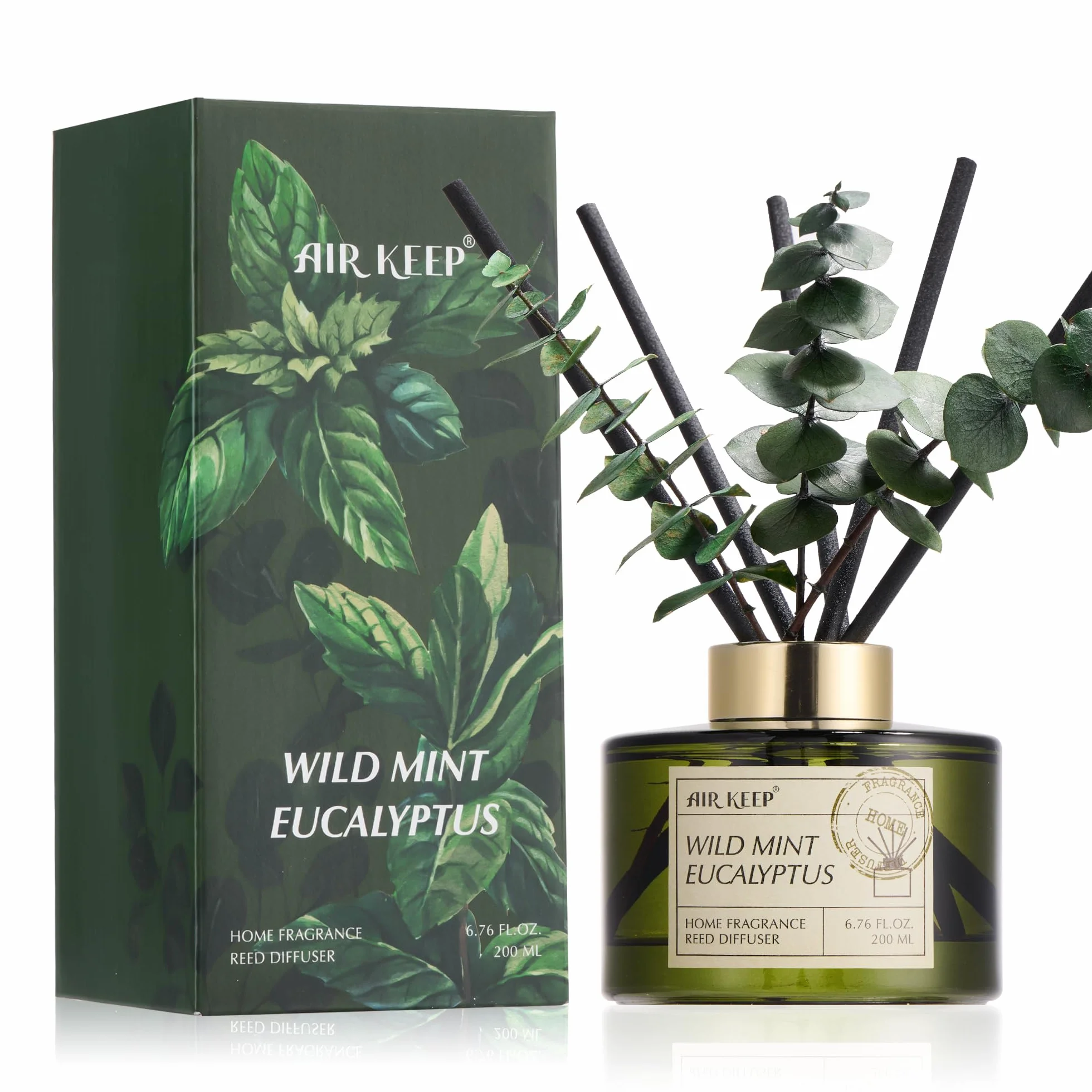 Airkeep Diffuseur de Parfum Maison 200ml 8 Bâtonnets Wild Mint & Eucalyptus Parfum d'Intérieur
