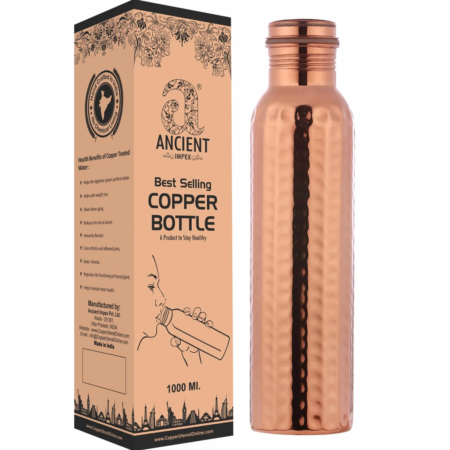Ancient Impex Gourde en cuivre pur martelé, 1000 ml, sans coutures, étanche, pour bienfaits ayurvédiques