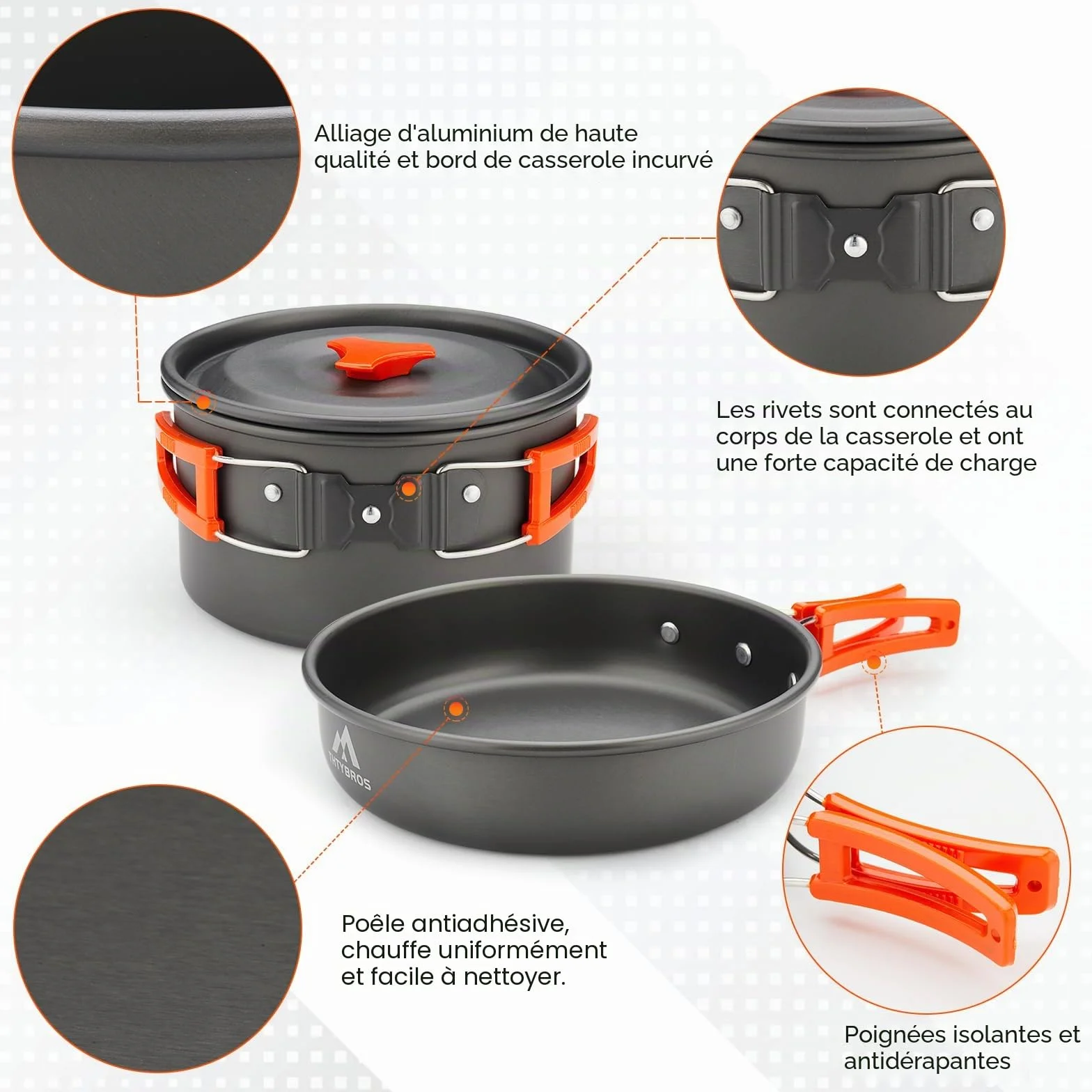 Ensemble de Batterie de Cuisine Camping 17 Pièces, Casserole et Bouilloire en Aluminium Anodisé Dur avec 2 Tasses, 2 Assiettes et Couverts en Acier Inoxydable pour Randonnée, Trek et Pique-nique