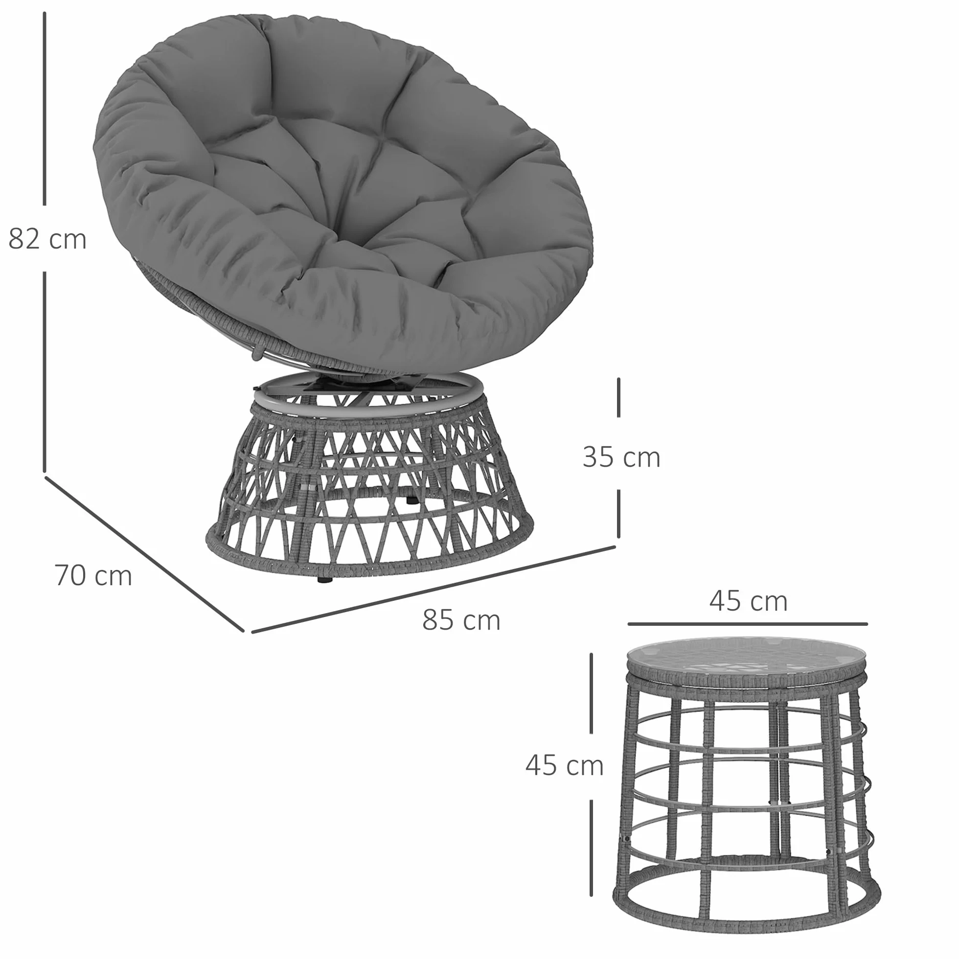 Outsunny Ensemble Salon de Jardin 3 pièces avec Fauteuils Papasan Pivotant et Table Basse Ronde Gris Résine Tressée