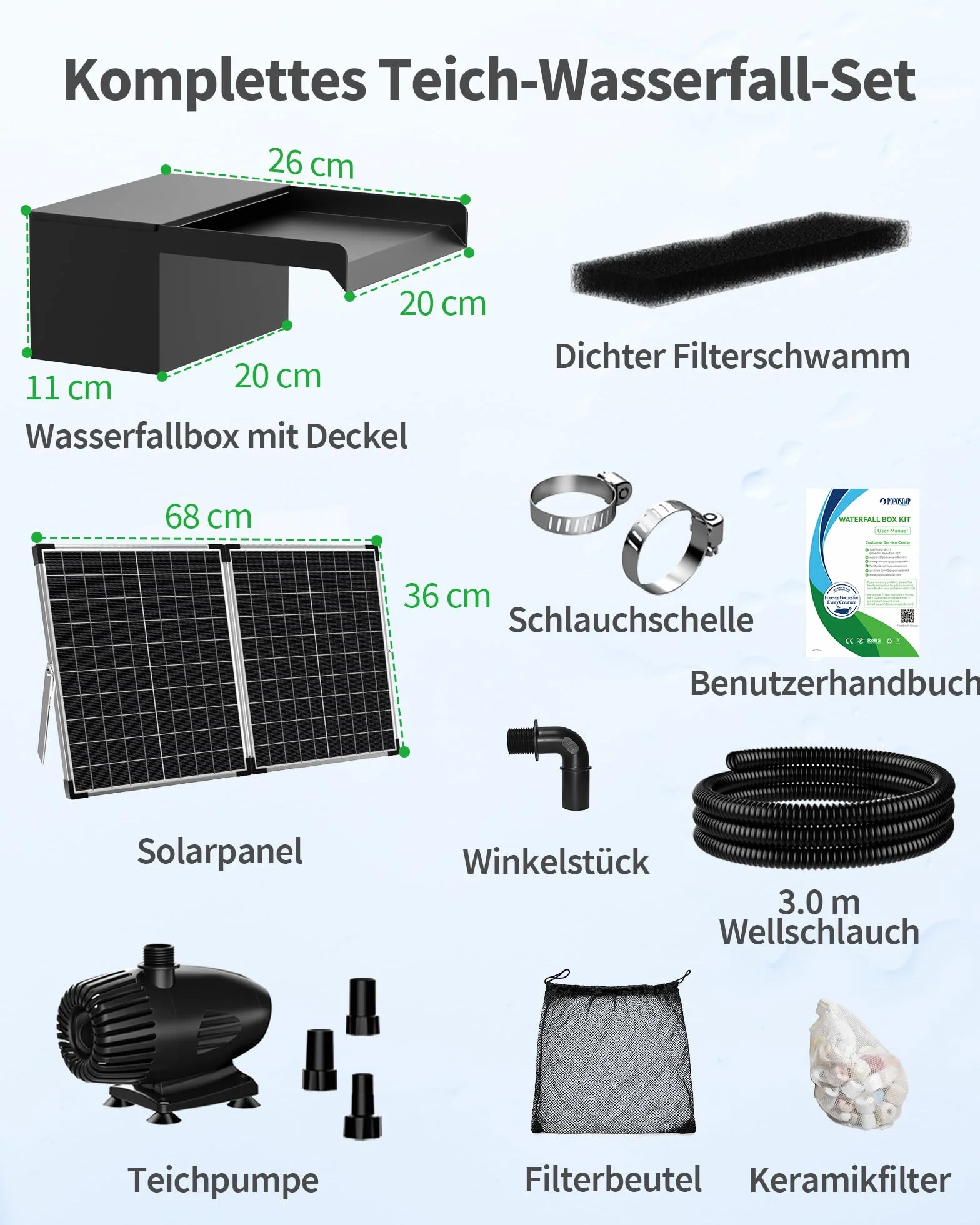 POPOSOAP Cascade d'Étang Solaire 55W, Acier Inoxydable 20 cm, Pompe 2000 L/h, Tuyau 3 m