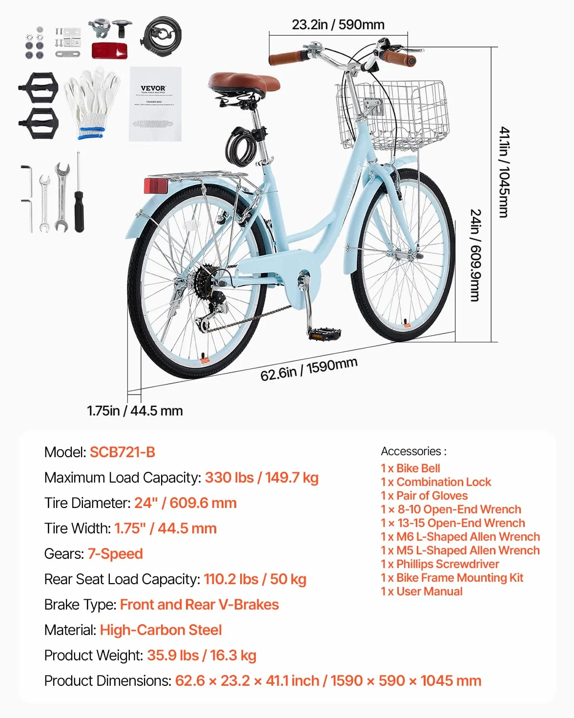 VEVOR Vélo croiseur, Vélo de Plage avec Panier de Grande capacité, Porte-Bagages arrière et siège réglable, sécurisé et Robuste, pour Cyclisme..