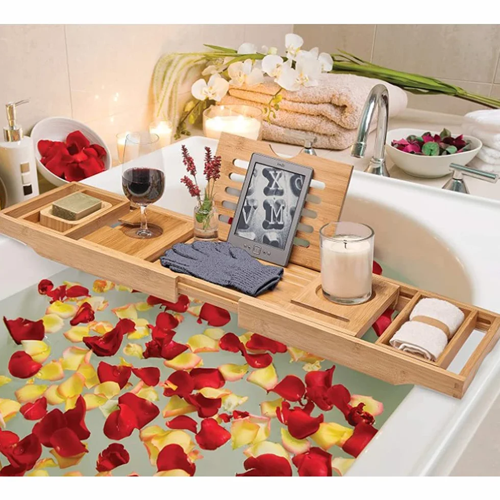 Plateau de Bain en Bambou, Pont de Baignoire Extensible, Etagère avec Rangement et Porte-Savon, 75-109cm