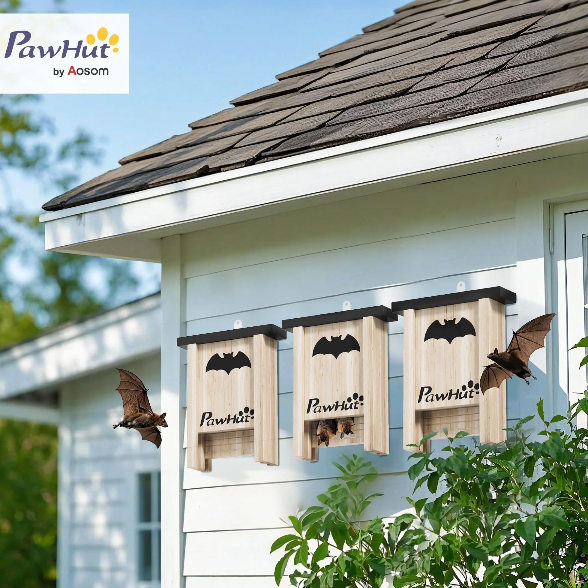 PawHut Nichoir Chauve-Souris Ensemble de Trois Boîtes avec Crochet Bois Massif 18 x 6 x 22,5 cm