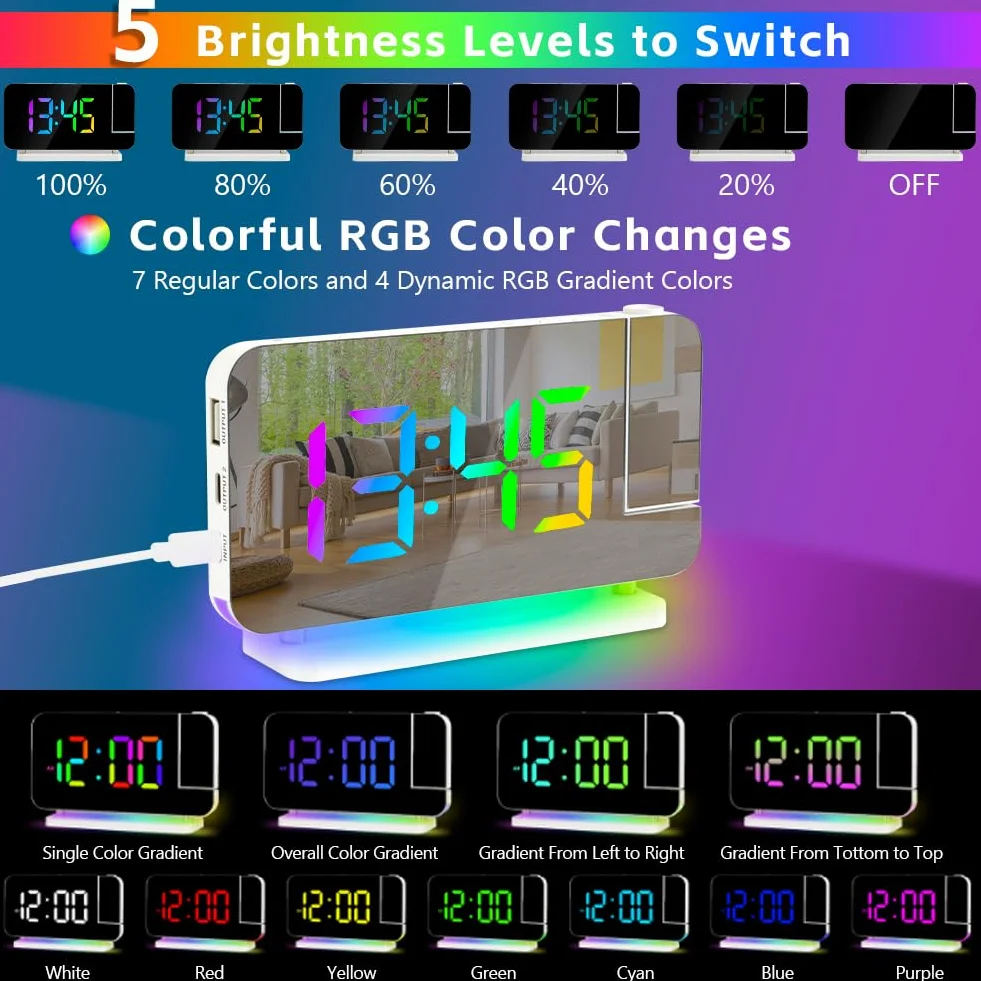 Réveil à Projection LED avec Charge USB, Rotation 180°, 11 Couleurs RVB & 10 Couleurs Veilleuse pour Chambre, Bureau (Blanc)
