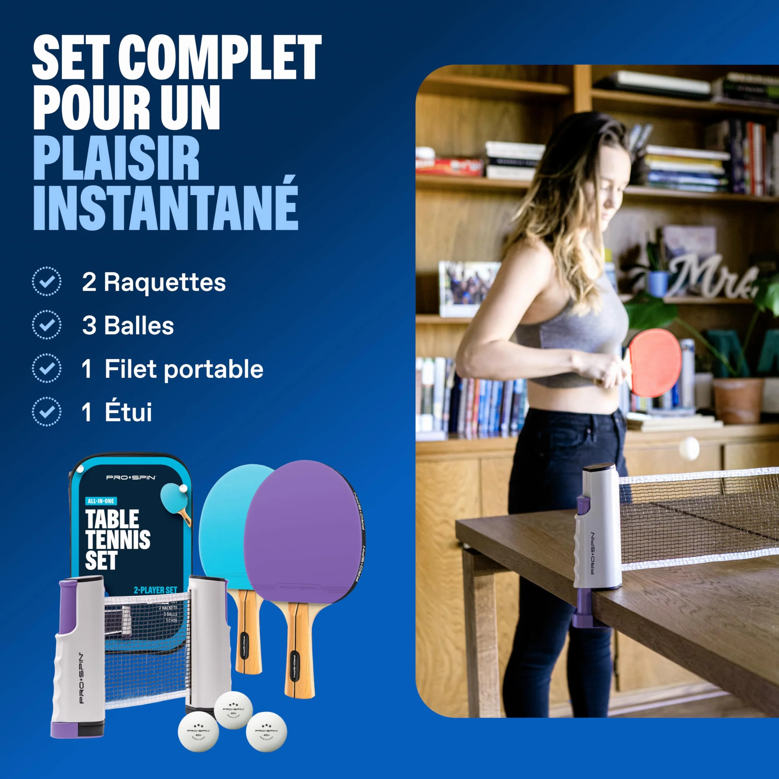 PRO-SPIN Set de Raquettes de Ping-Pong Portable | Kit de Qualité avec Filet Ping Pong pour Toute Table, Raquettes Tennis de Table Hautes Performances, Balles de 3-Étoiles
