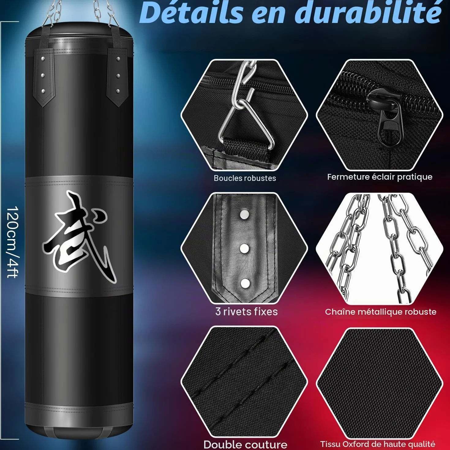 Sac de Frappe Suspendu pour Adultes, Adolescents et Enfants, 120 cm en Tissu Oxford, avec Crochet de Plafond, Chaîne, Bandes, Protège-Poignets pour MMA, Karaté, Kickboxing, Boxe Home-Gym (Non Rempli)