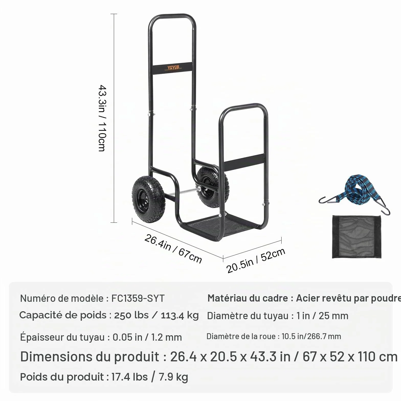 VEVOR Chariot Transport Bois de Chauffage 113,4 kg Acier 67x52x110 cm Roues Gonflables Caoutchouc Noir