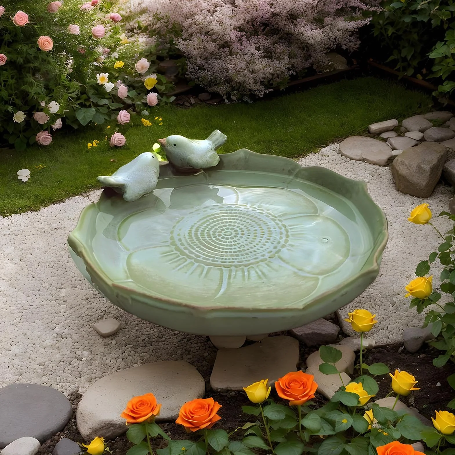 Mangeoire de bain pour oiseaux en céramique avec 2 oiseaux décoratifs pour extérieur
