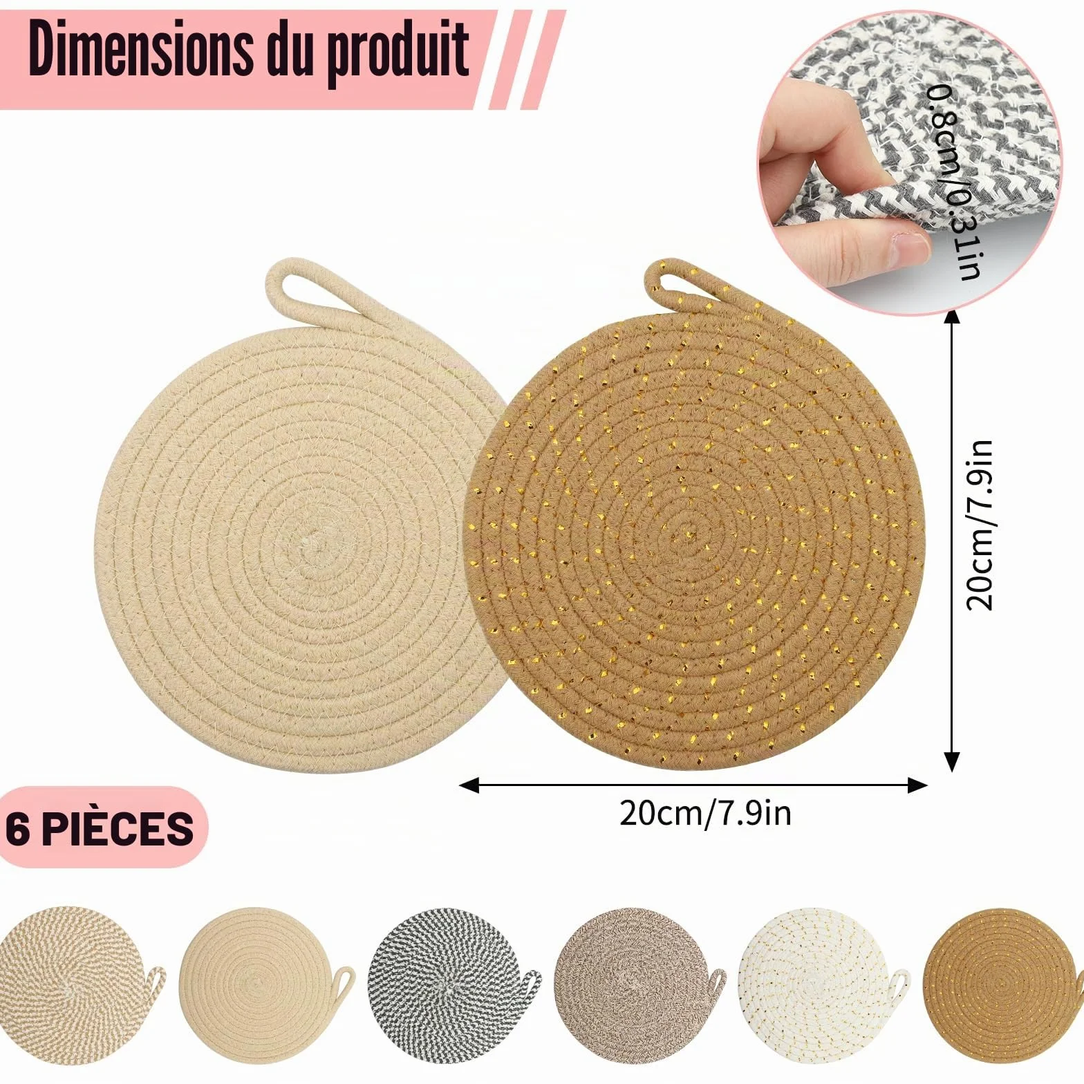 Dessous De Plat en Fil De Coton 20 cm Tressés Résistants à La Chaleur Lot De 6