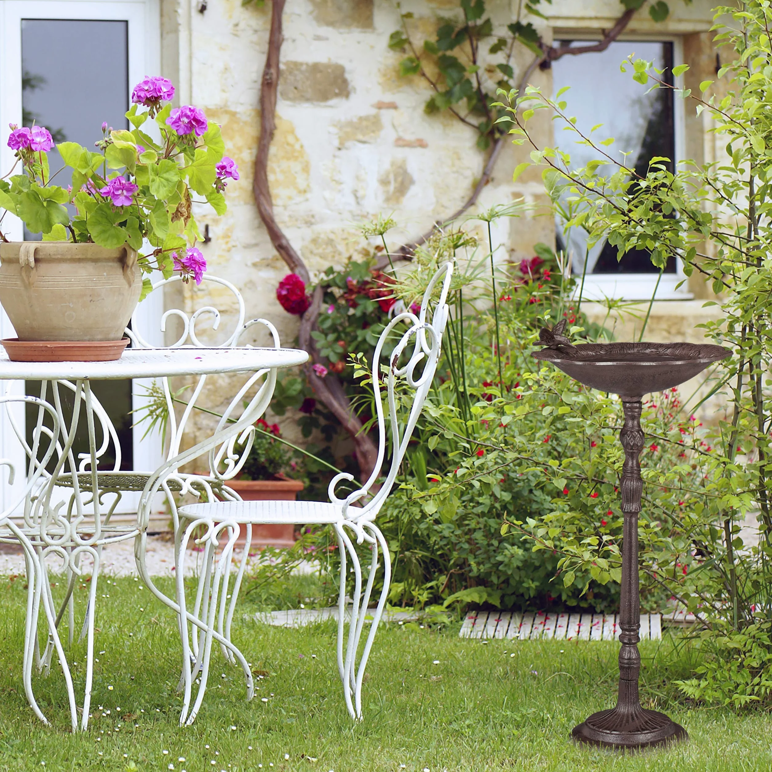Relaxdays Abreuvoir en Fonte sur Pied pour Oiseaux Sauvages 74,5 cm Brun