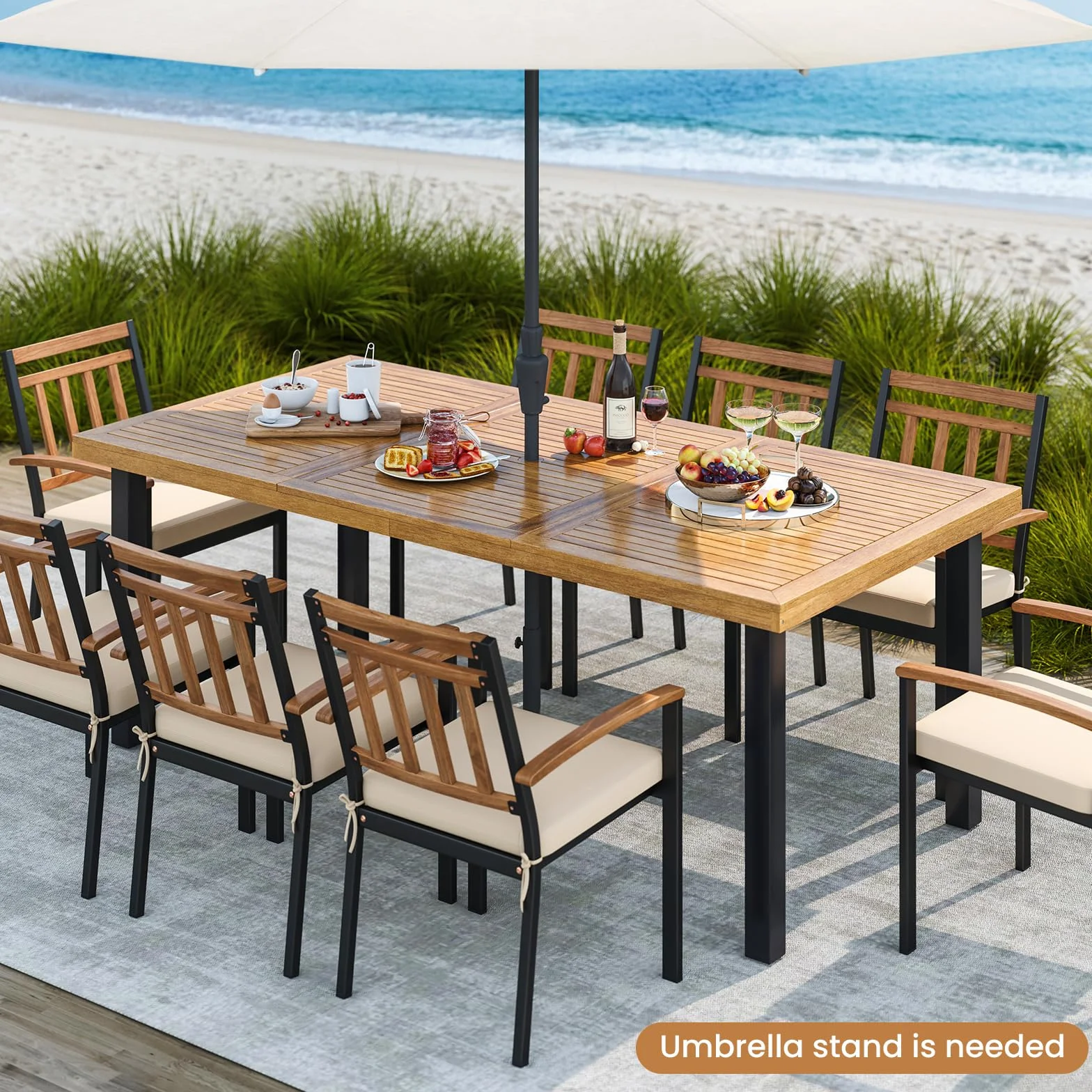 KOMFOTTEU Table de Jardin avec Trou pour Parasol 200x100x75 cm Bois d'Acacia Métal 8 Personnes