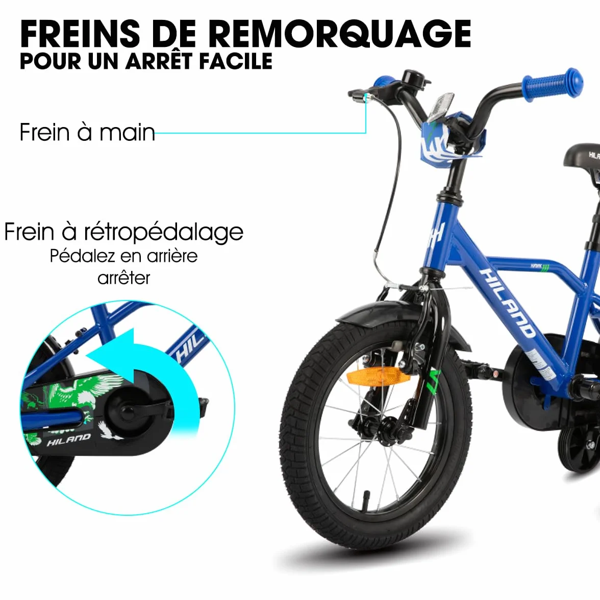 HILAND Hawk Vélo Enfant 12/14/16 Pouces, 2-6 Ans, pour Fille et Garçon, avec Roues Stabilisatrices, Frein à Main et Frein Rétropédalage, Plusieurs Couleurs