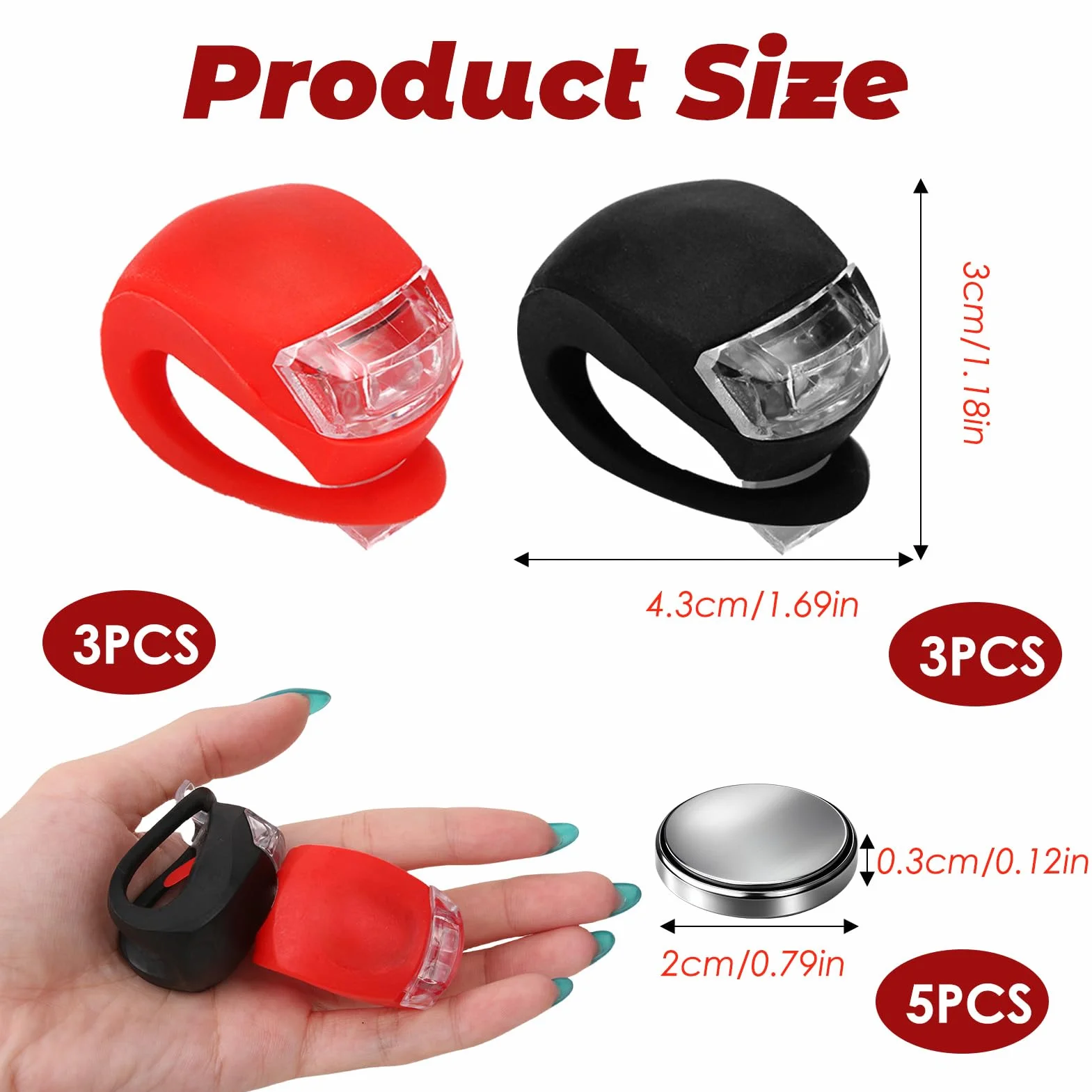 6 Lumières Vélo LED + 5 Piles CR2032 – Feux Avant & Arrière Étanches en Silicone – 3 Modes – Éclairage Vélo Rouge/Blanc pour Cyclisme de Nuit, Jogging, Sécurité Extérieure (A)