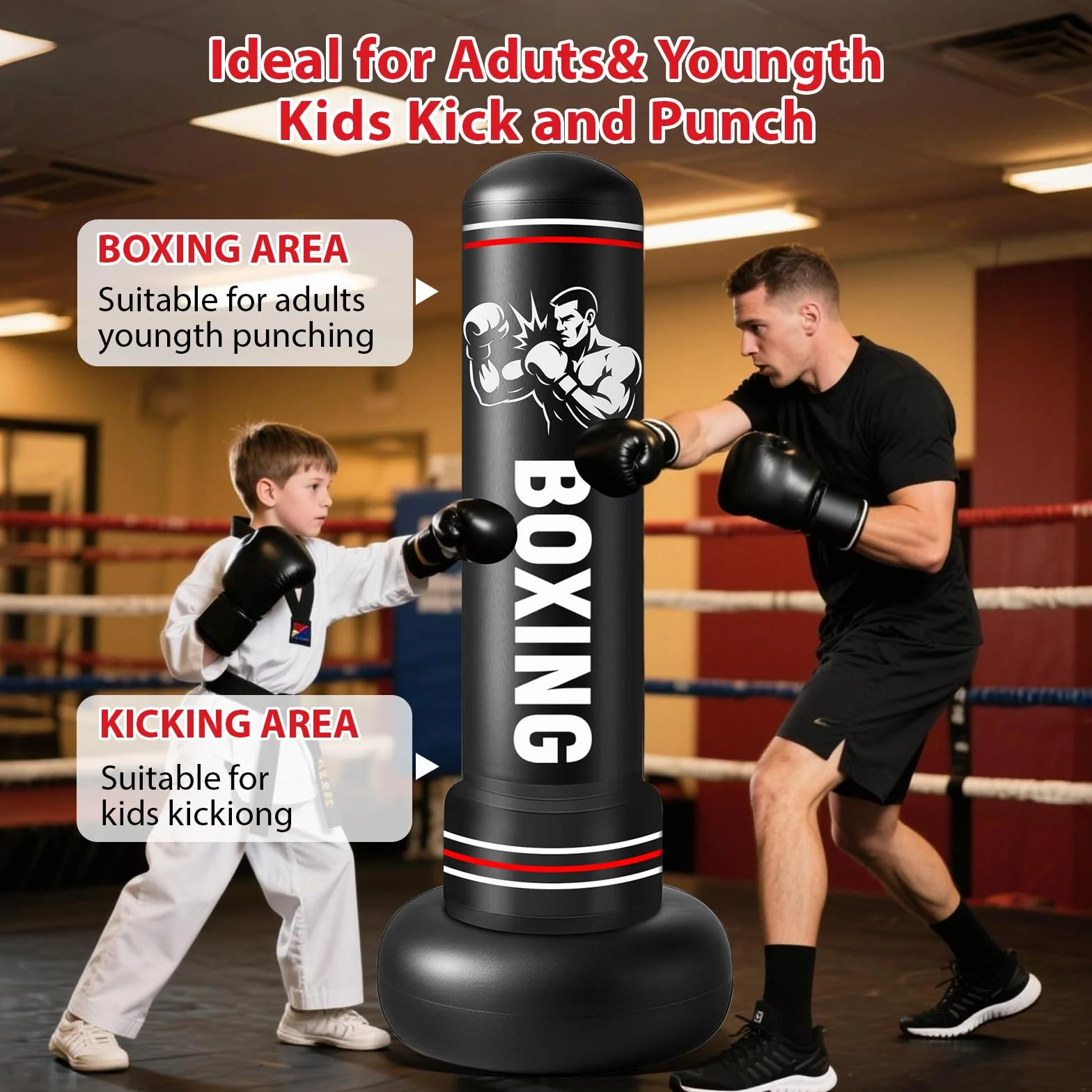 Sac de Frappe Adultes, 190cm Gonflable Punching Ball avec Gants Pompe à Air, Sac de Boxe sur Pied Enfants pour MMA Karaté Fitness Equipement de Boxe Idéal Cadeau Femmes et Hommes