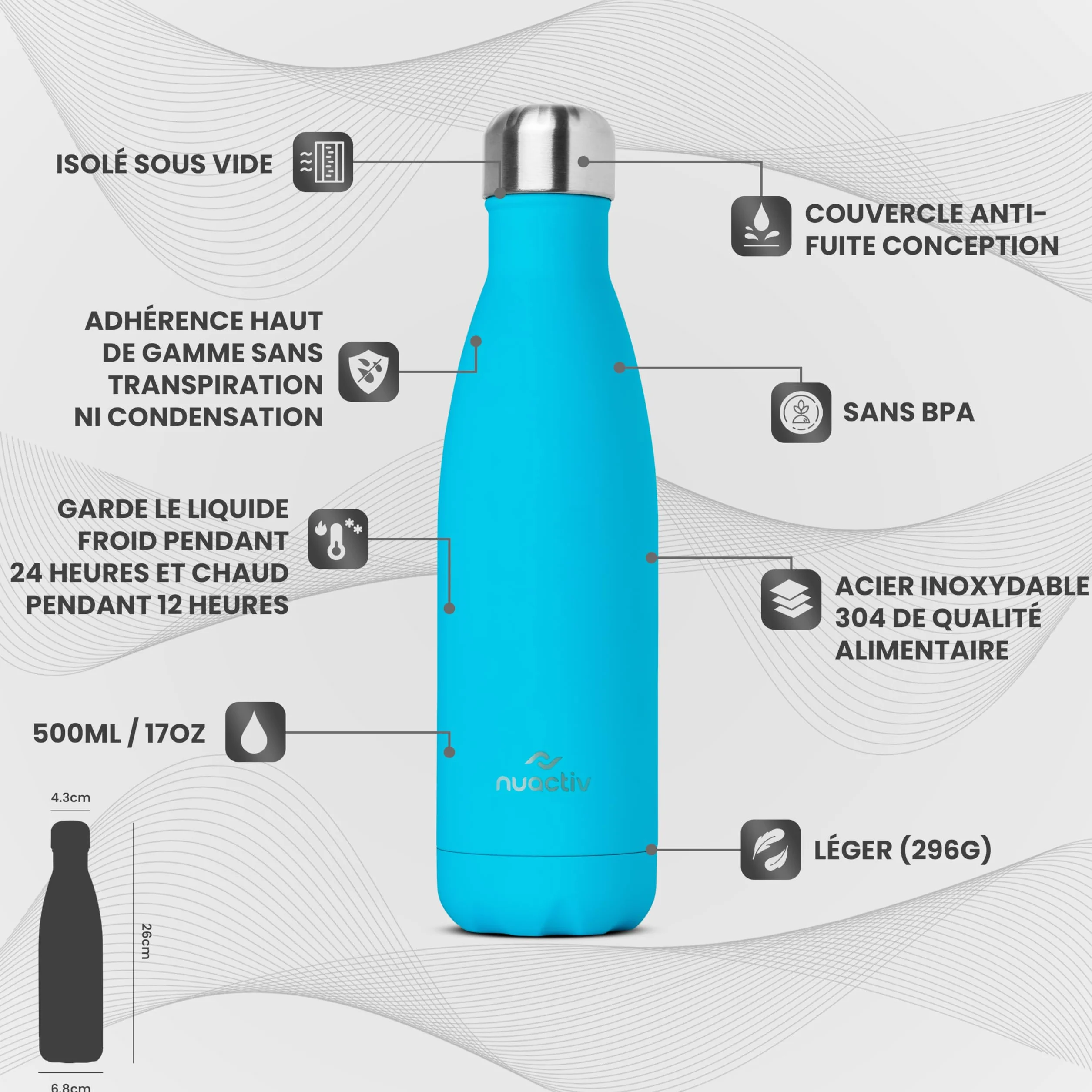 Nuactiv Bouteille Isotherme 500ml en Acier Inox – Garde 24h Froid & 12h Chaud – Gourde Double Paroi Sans BPA Étanche Réutilisable pour Voyage, Randonnée, École, Sport, Fitness & Usage Quotidien