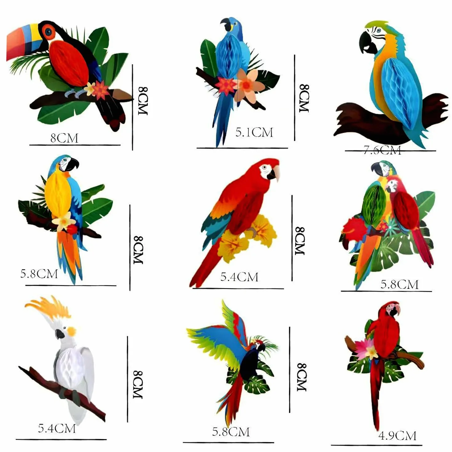 Lot de 9 découpes 3D en nid d'abeille oiseau tropical perroquet hawaïen décoration plage salle de classe jungle
