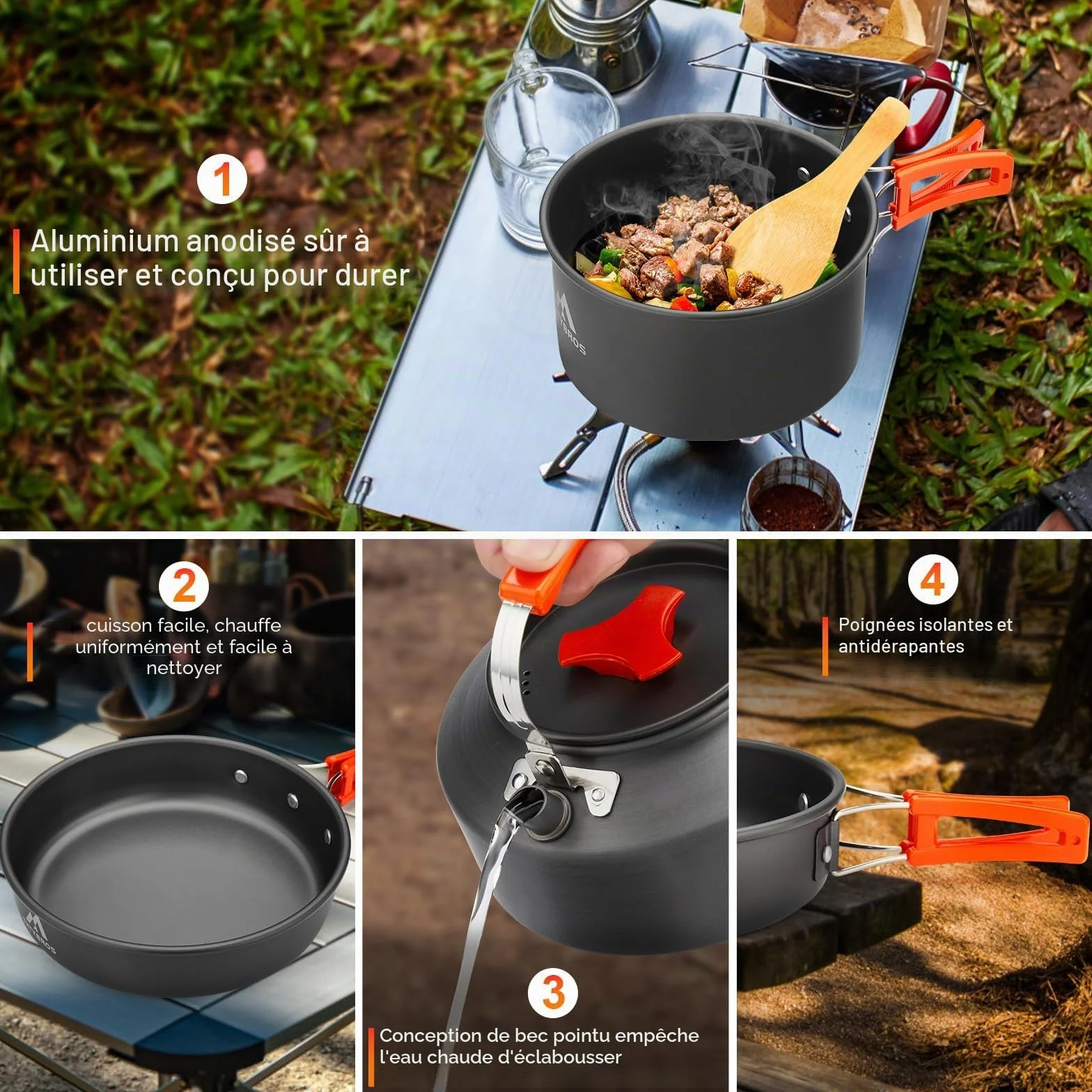 Ensemble de Batterie de Cuisine Camping 17 Pièces, Casserole et Bouilloire en Aluminium Anodisé Dur avec 2 Tasses, 2 Assiettes et Couverts en Acier Inoxydable pour Randonnée, Trek et Pique-nique