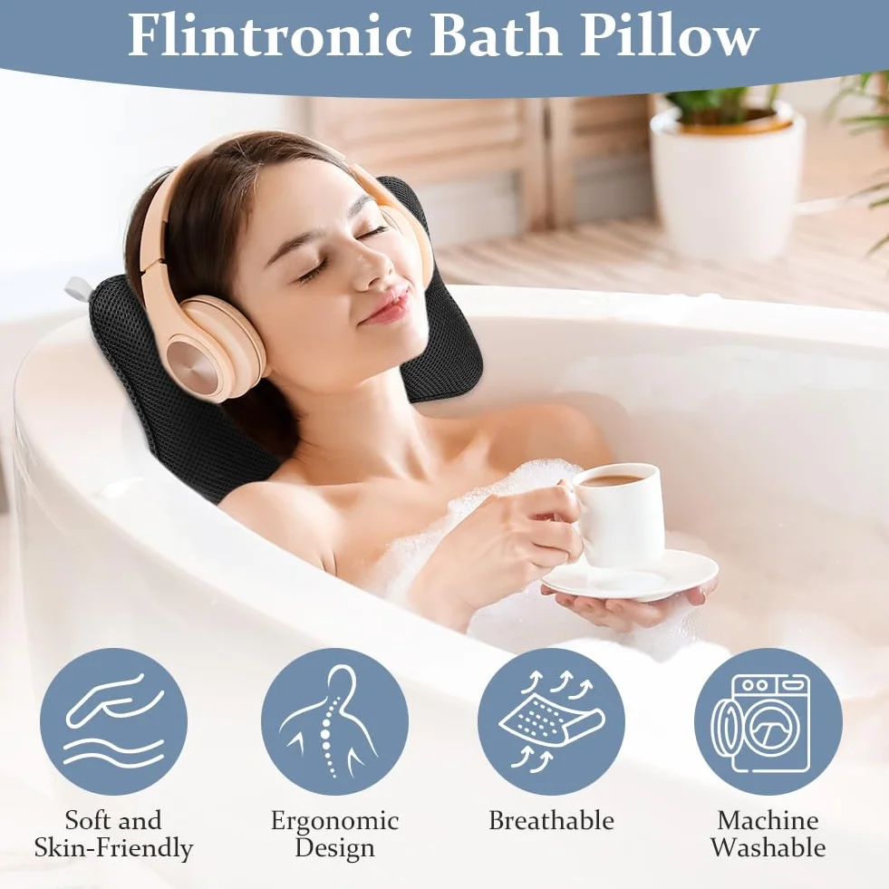 Flintronic Oreiller de Bain Coussin Baignoire Air Mesh Ergonomique avec 2 Ventouses Antidérapantes Noir