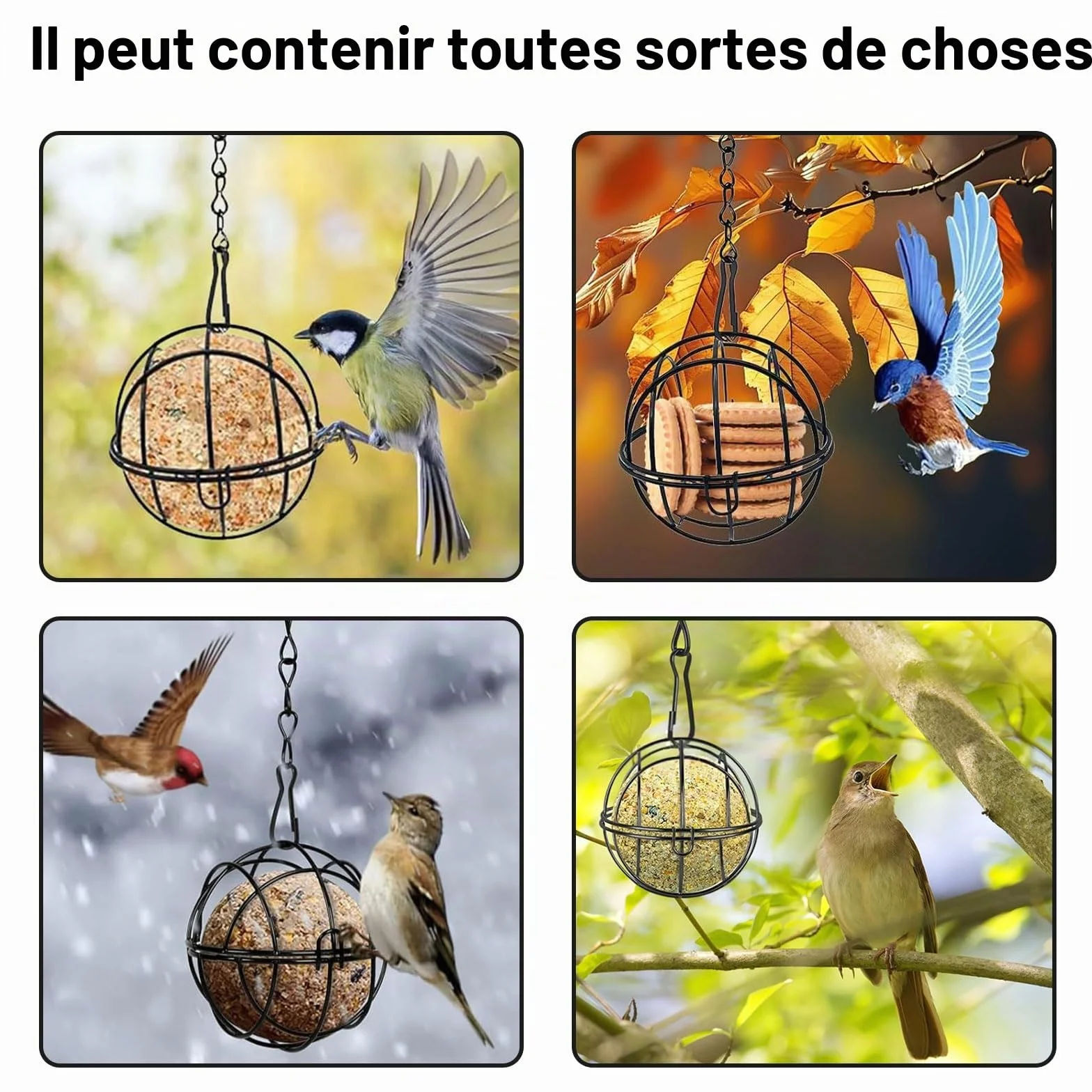 Mangeoires à boules de graisse pour oiseaux en métal anti-écureuils 4 pièces avec crochets S extérieur