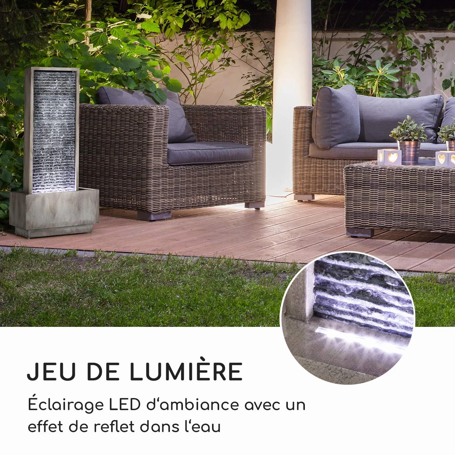 Blumfeldt Imperia Grey Edition Fontaine de Jardin Décorative avec Pompe 10W, IPX8, LED, Métal Galvanisé, Gris