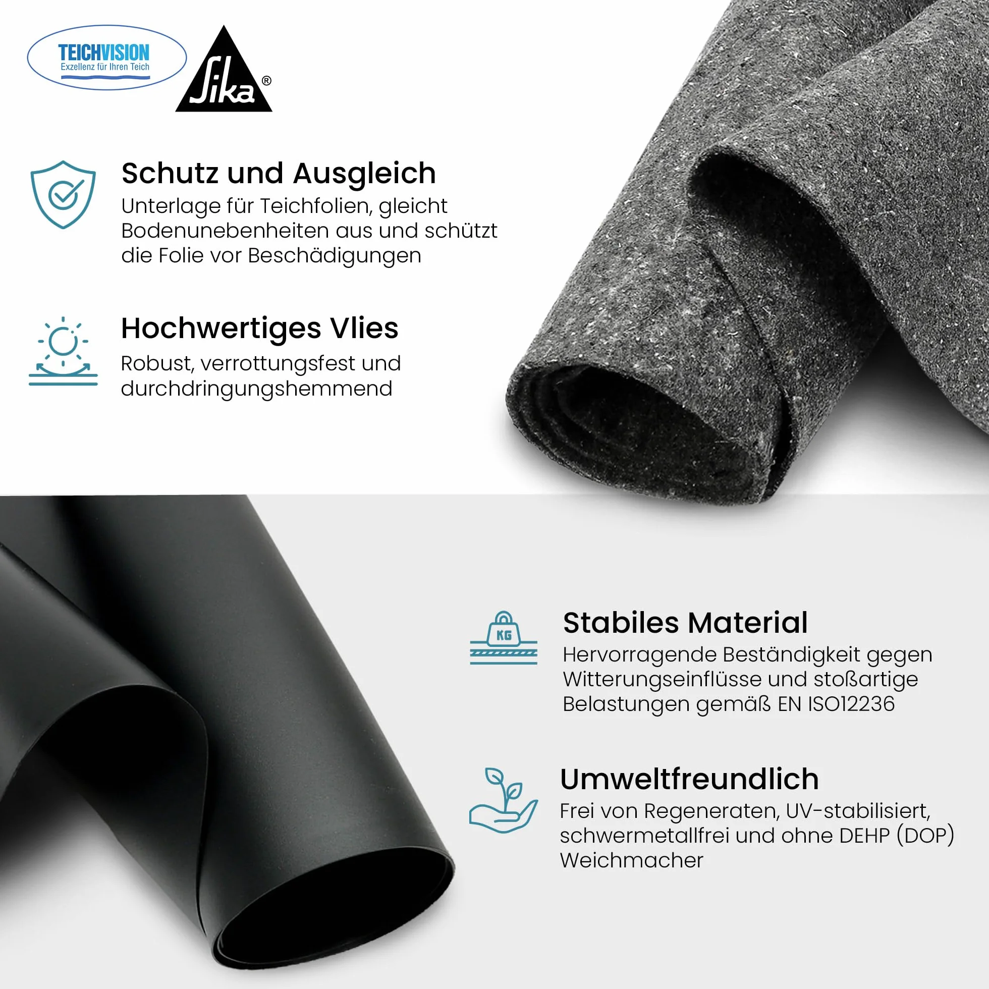 Bâche en PVC noir pour bassin 1 mm 2 m x 1,5 m vlies 300 g