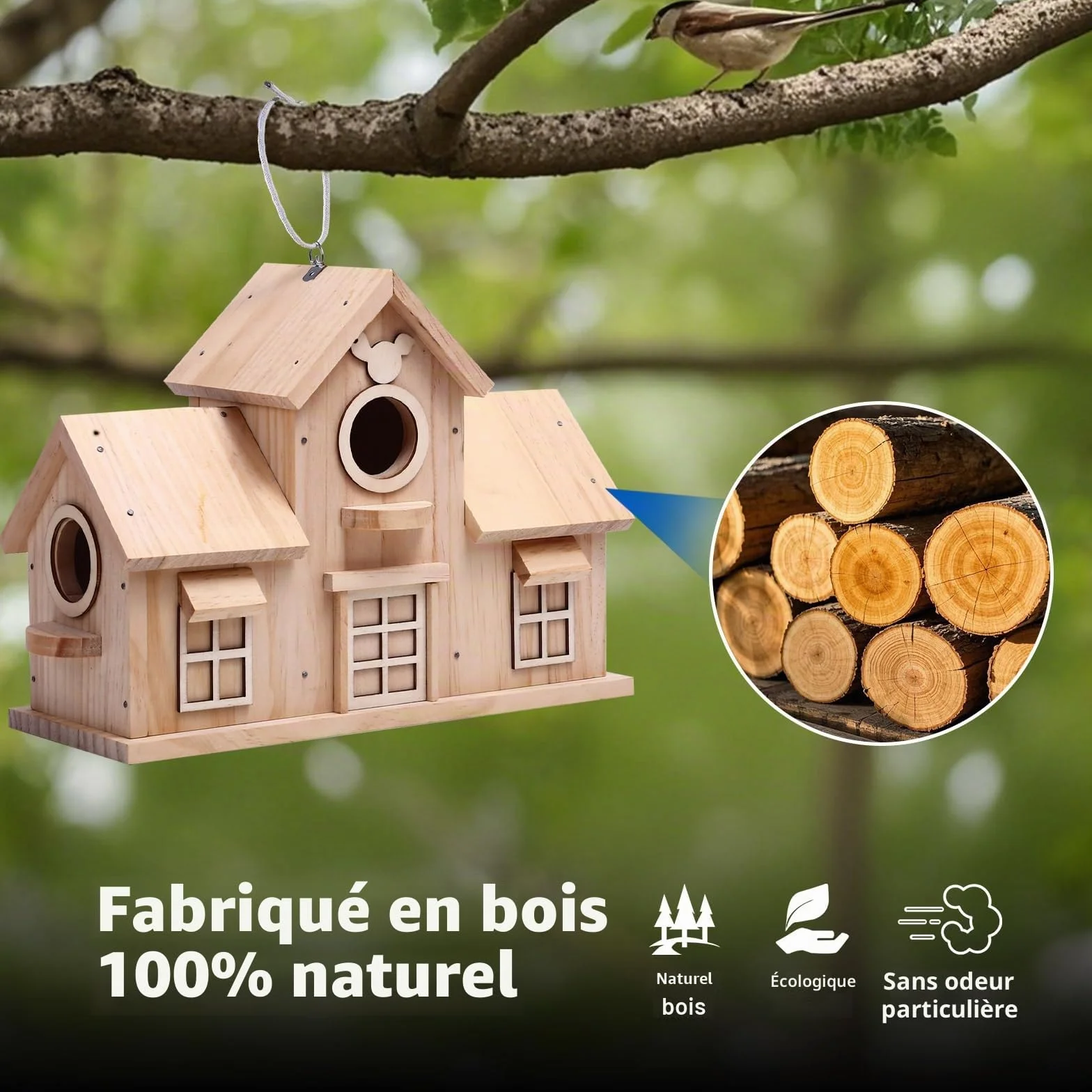 Nichoir à oiseaux décoratif en bois pin naturel double entrée