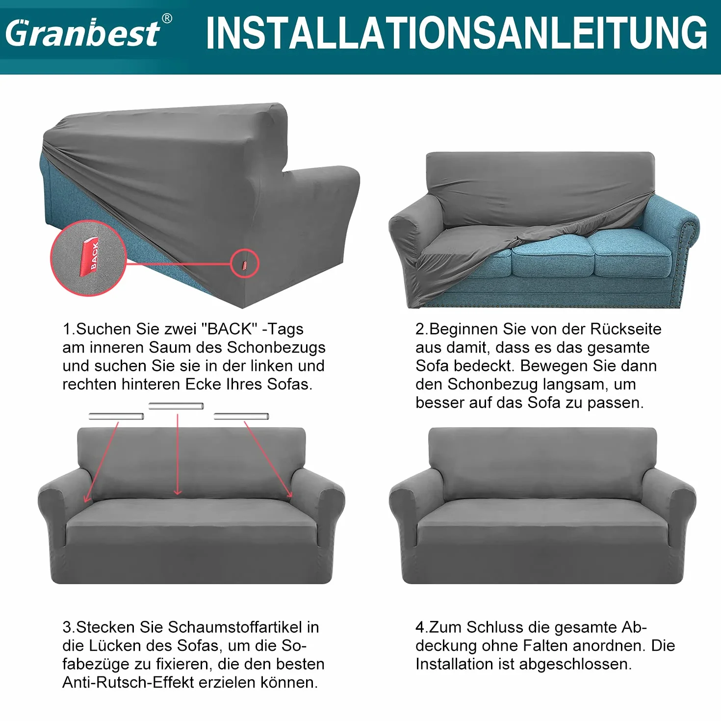 Granbest Housse de Canapé Extensible 3 Places Super Douce Élasthanne Protection Meubles Fond Élastique Gris