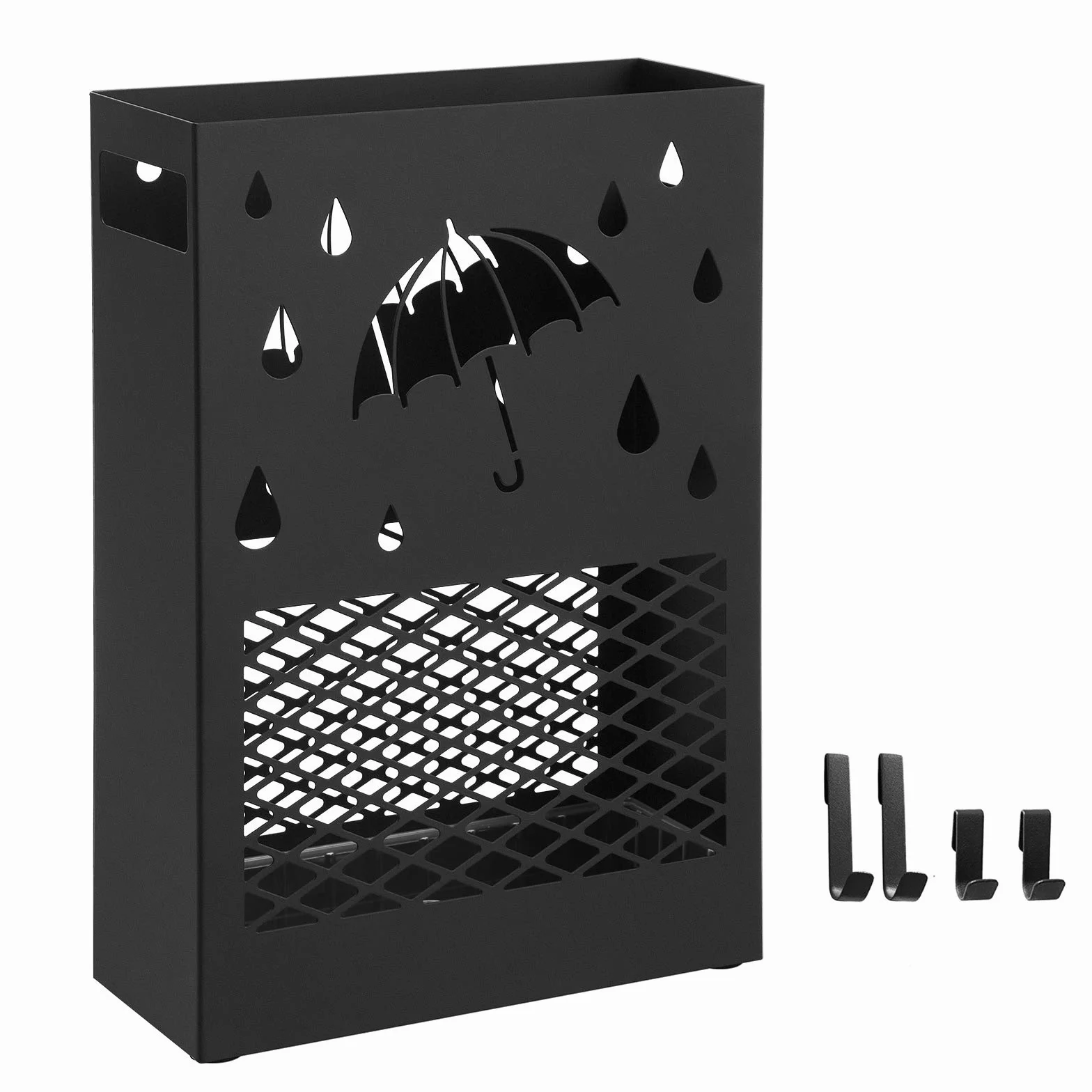 SONGMICS Porte-parapluies métal rectangulaire avec réceptacle d'eau amovible 4 crochets Noir