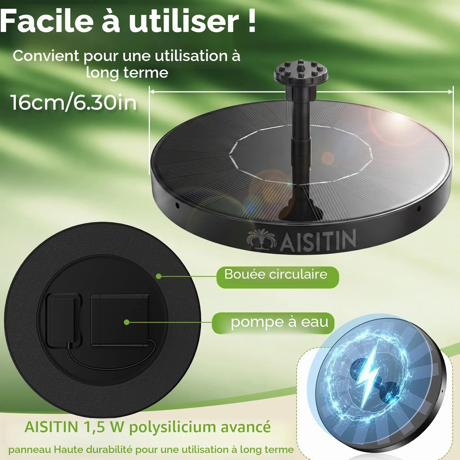 Fontaine Solaire Extérieur Flottante Pompe Bassin avec 6 Buses 1,5W pour Bain d'oiseaux Jardin