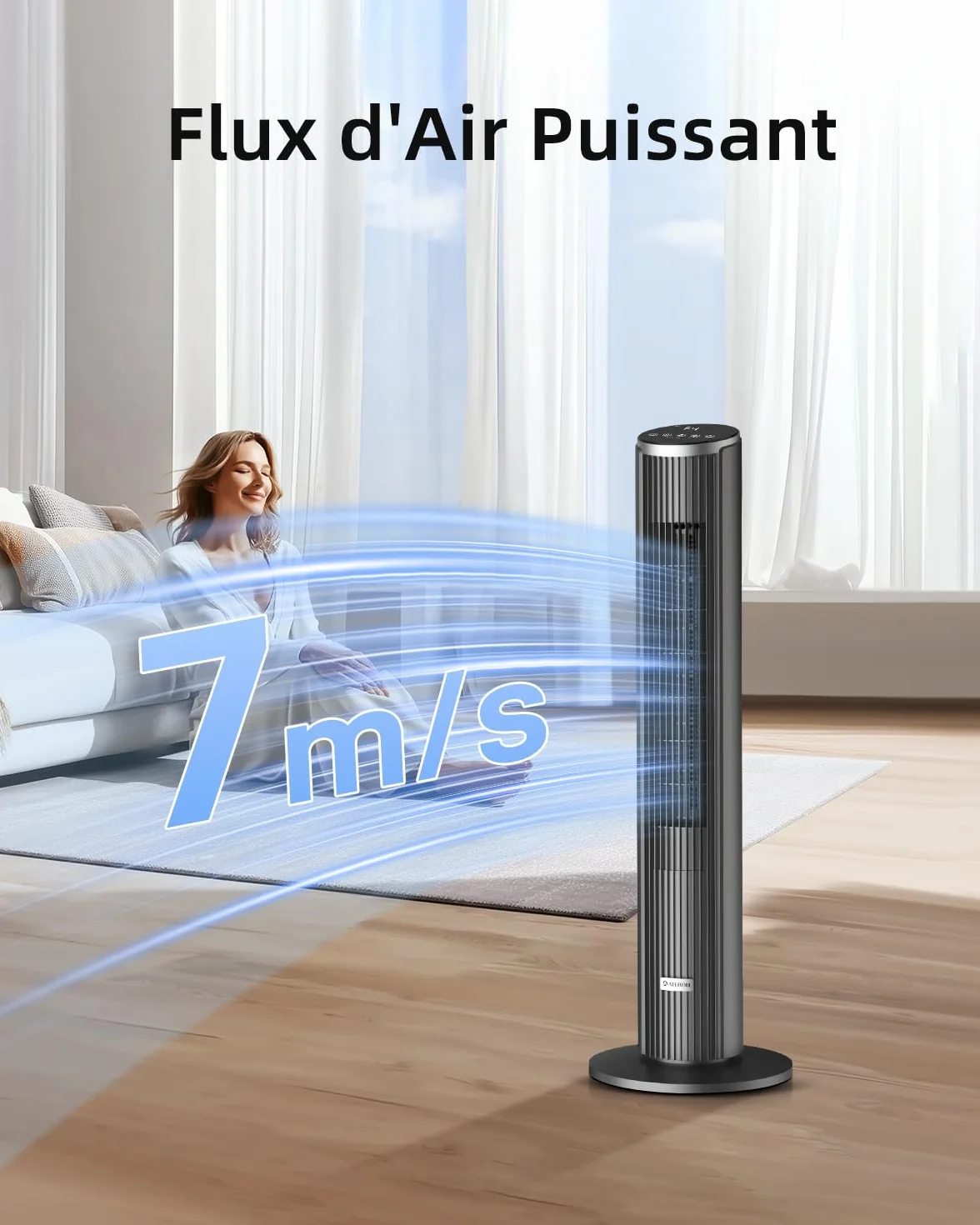 Ateroll Ventilateur Colonne Silencieux 91cm Oscillant 90° Télécommande 4 Vitesses 3 Modes Minuterie 12H Écran LED