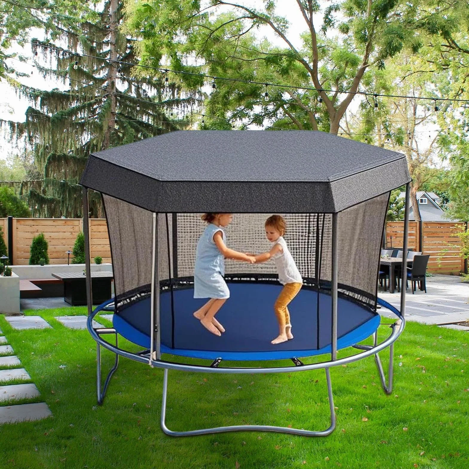 Housse d'ombrage Trampoline Ø183-427cm Toit Pare-Soleil 6/8 Poteaux Anti-UV imperméable