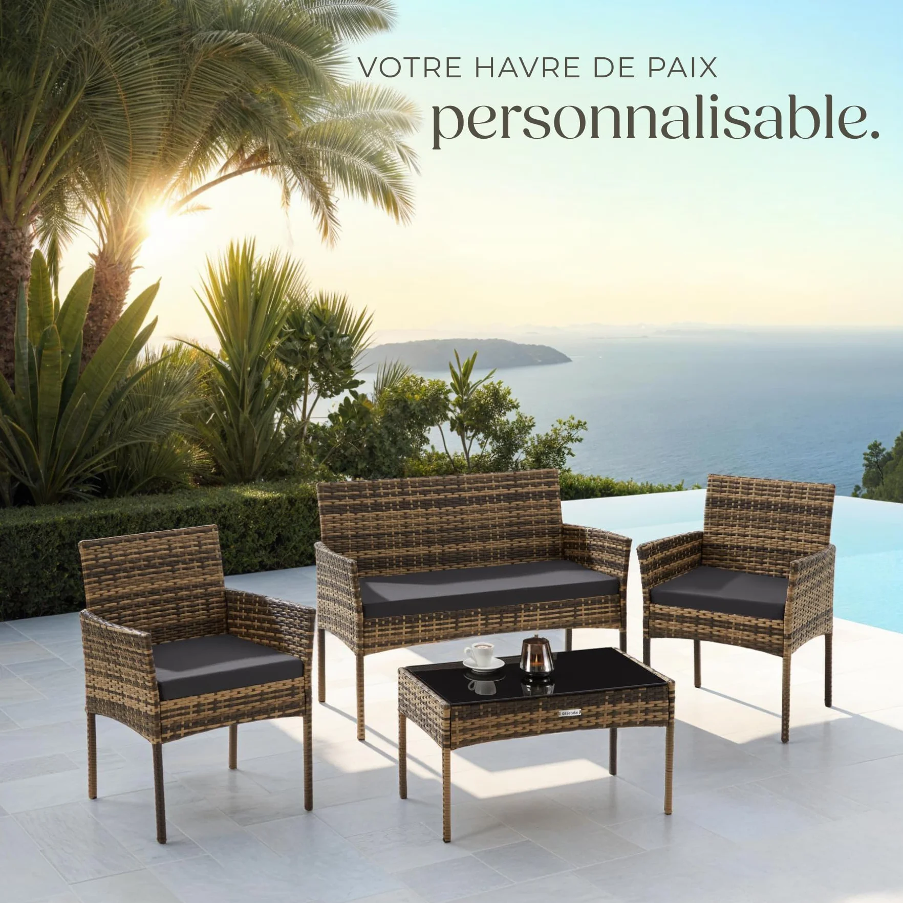 Tectake Ensemble Salon de Jardin en Résine tressée Canapé 2 Places 2 Fauteuils et 1 Table de Jardin Coussins Inclus