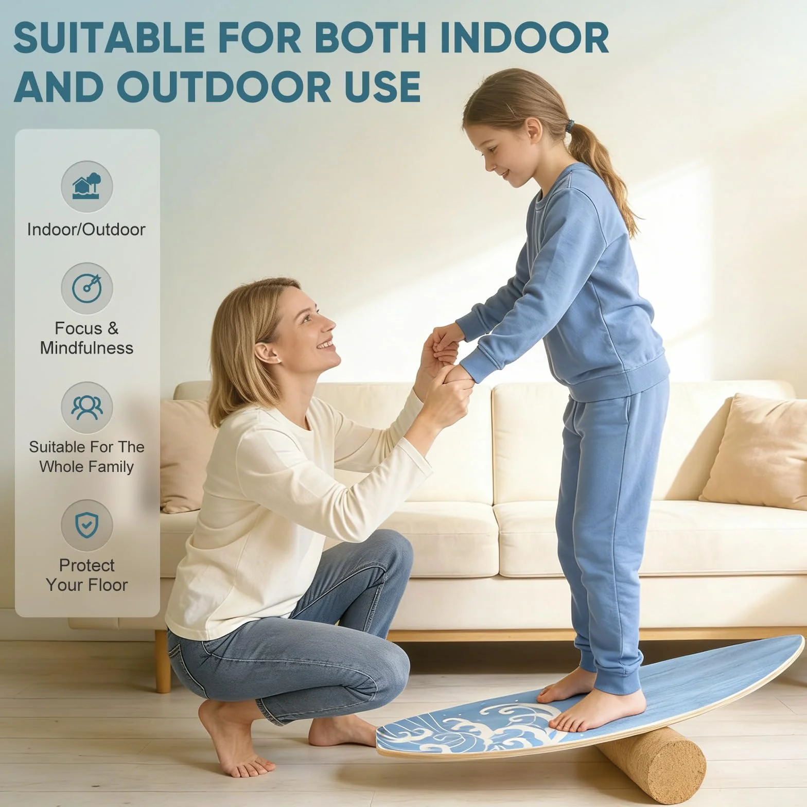 Planche d'Équilibre en en Bois Massif, Balance Board Surf avec Rouleau, Planche de Surf d’Intérieur pour le Surf, Fitness, Proprioception à la Maison