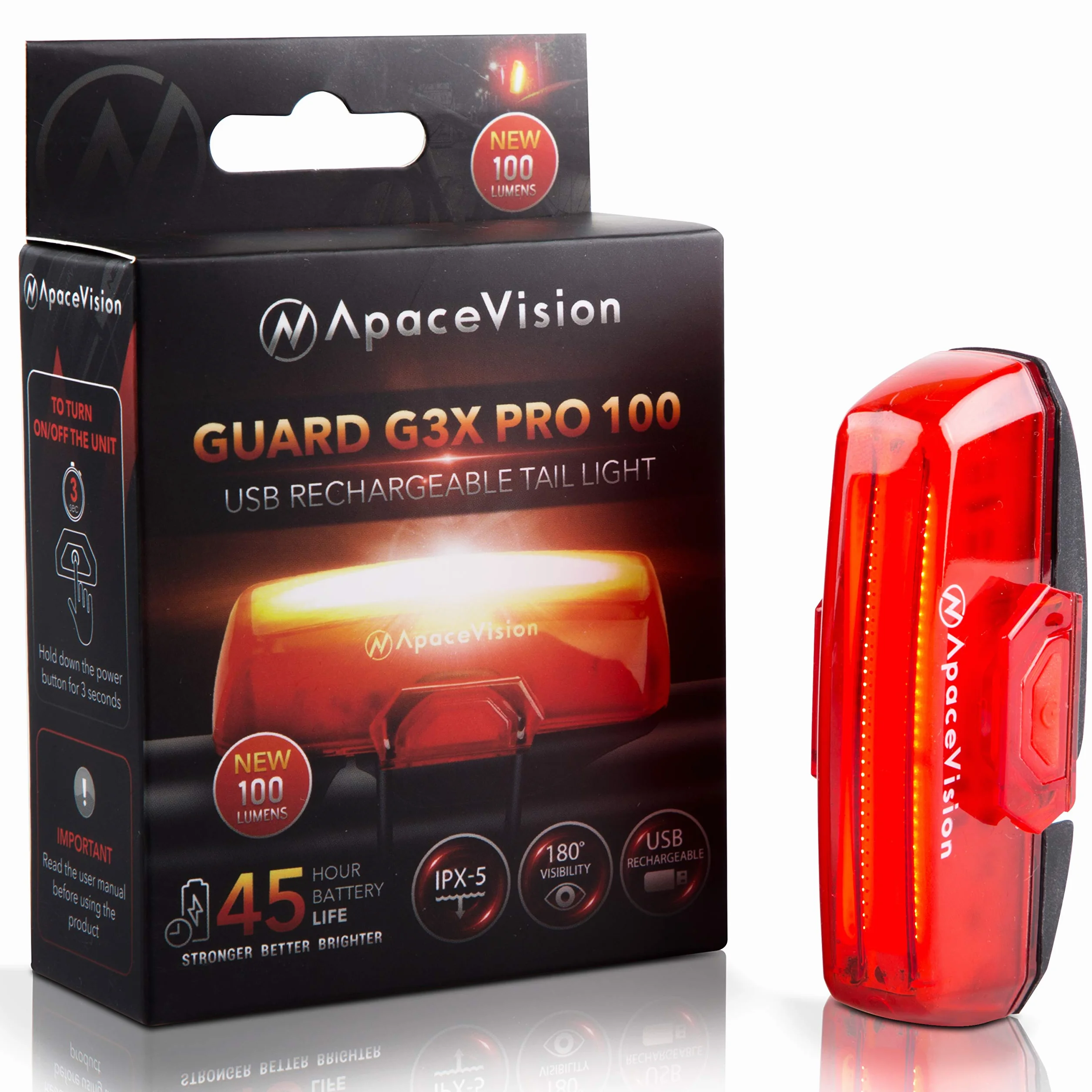 Feu arrière pour vélo rechargeable USB par Apace - Super lumineuse 100 Lumens Lampe arrière vélo ou VTT à LED Se clipse aisément pour servir d’Eclairage arriere rouge pour une sécurité optimale à vélo