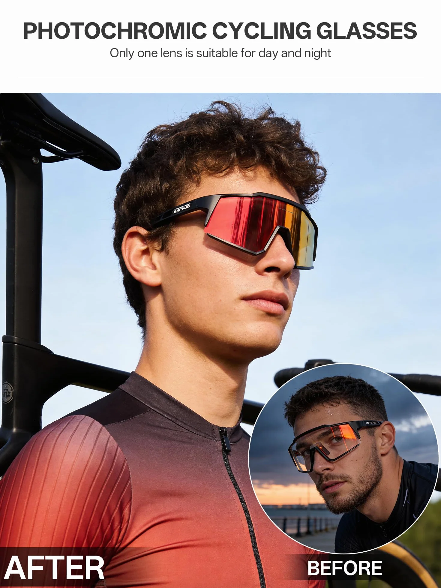 KAPVOE Lunette de Cyclisme Photochromique Homme Femme Tr90 Cadre Lunette Vélo VTT Anti-UV400 Lunette de Soleil Pour Vélo Pêche Course Conduite Pêche Ski