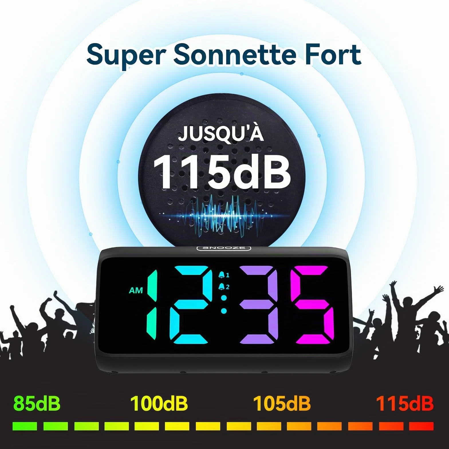 Netzu Réveil Forte pour Les Dormeurs Profonds, réveil RGB pour la Chambre, Réveil Numérique Enfichable avec 5 Niveaux de Luminosité, 4 Niveaux de Volume (Noir)