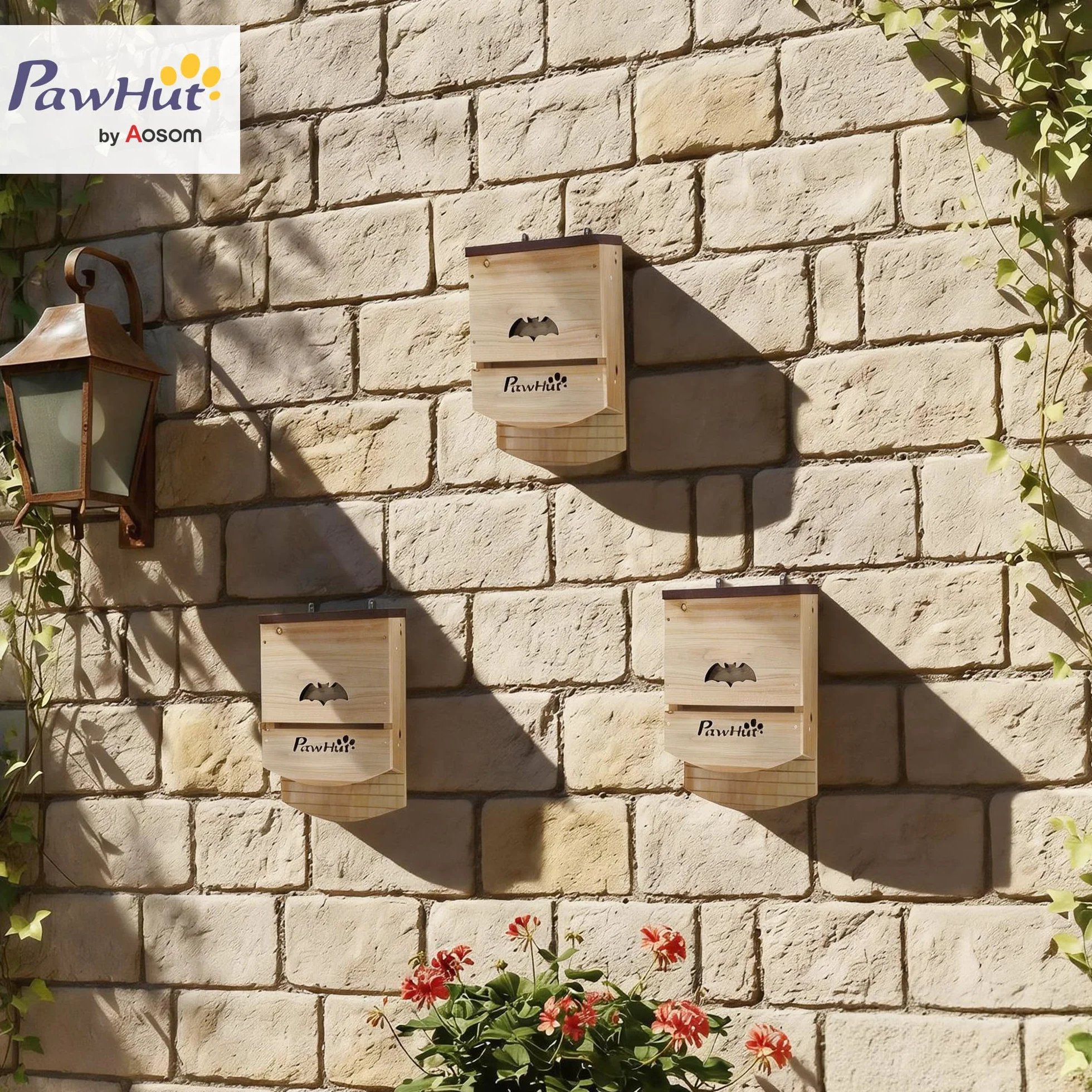 PawHut Lot de 3 Nichoirs Chauve Souris en Bois avec Plateforme Rainurée, 23 x 9,5 x 36,5 cm