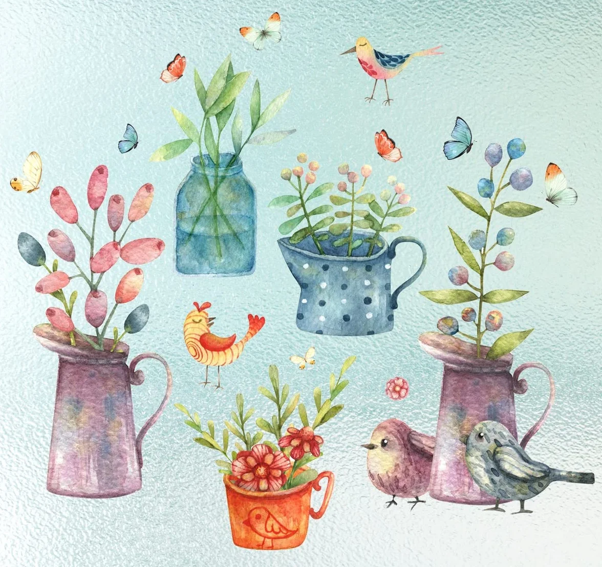 Naklejki okienne POTS de FLEURS aquarelle réutilisable | Dekoracyjne kwiaty ptaki wiosna lato | Autocollant salon chambre enfant cuisine (non adhésif)