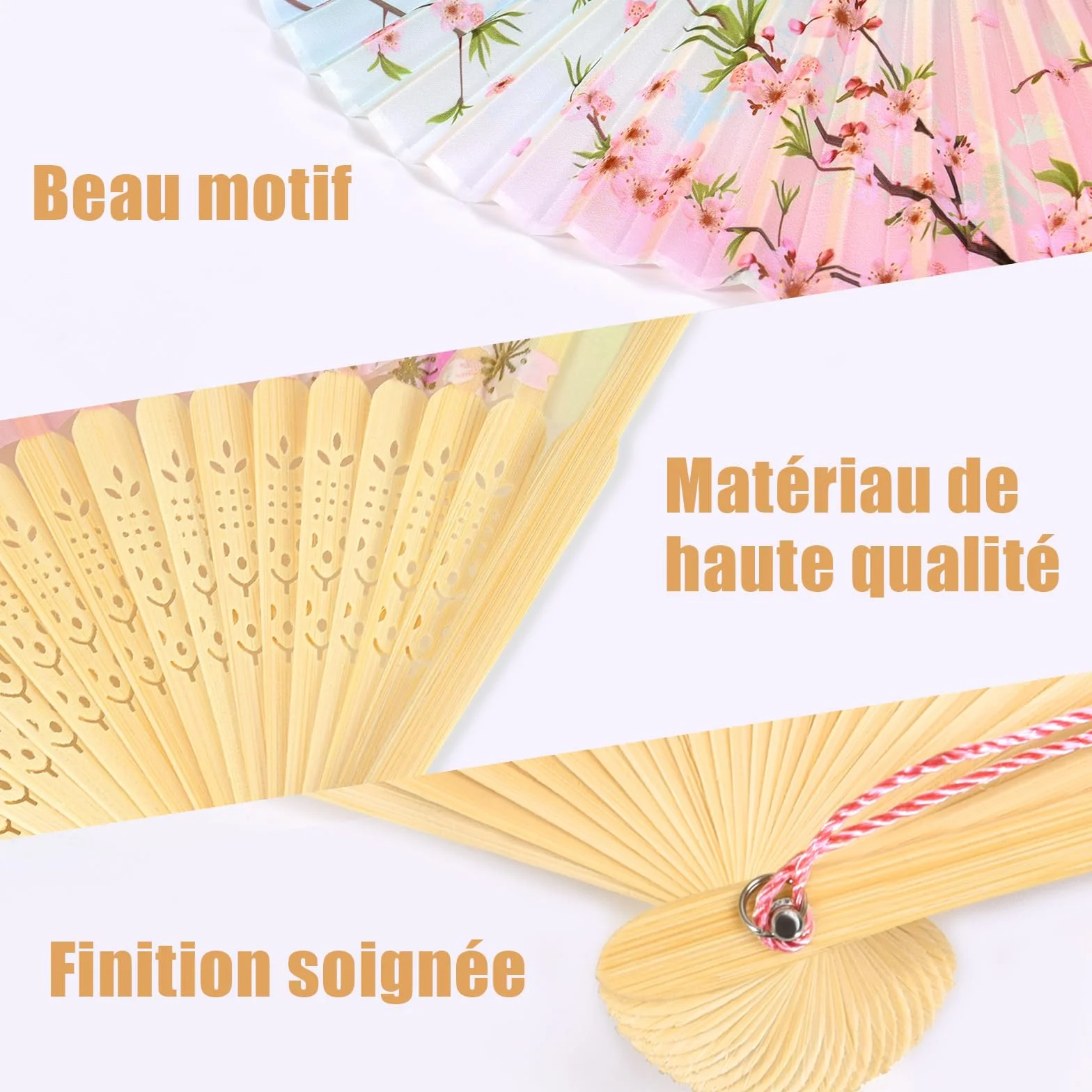 Eventail WEARXI 4 Pièces avec Frange en Soie, Bois, Éventails à Main pour Mariage Danse Fête
