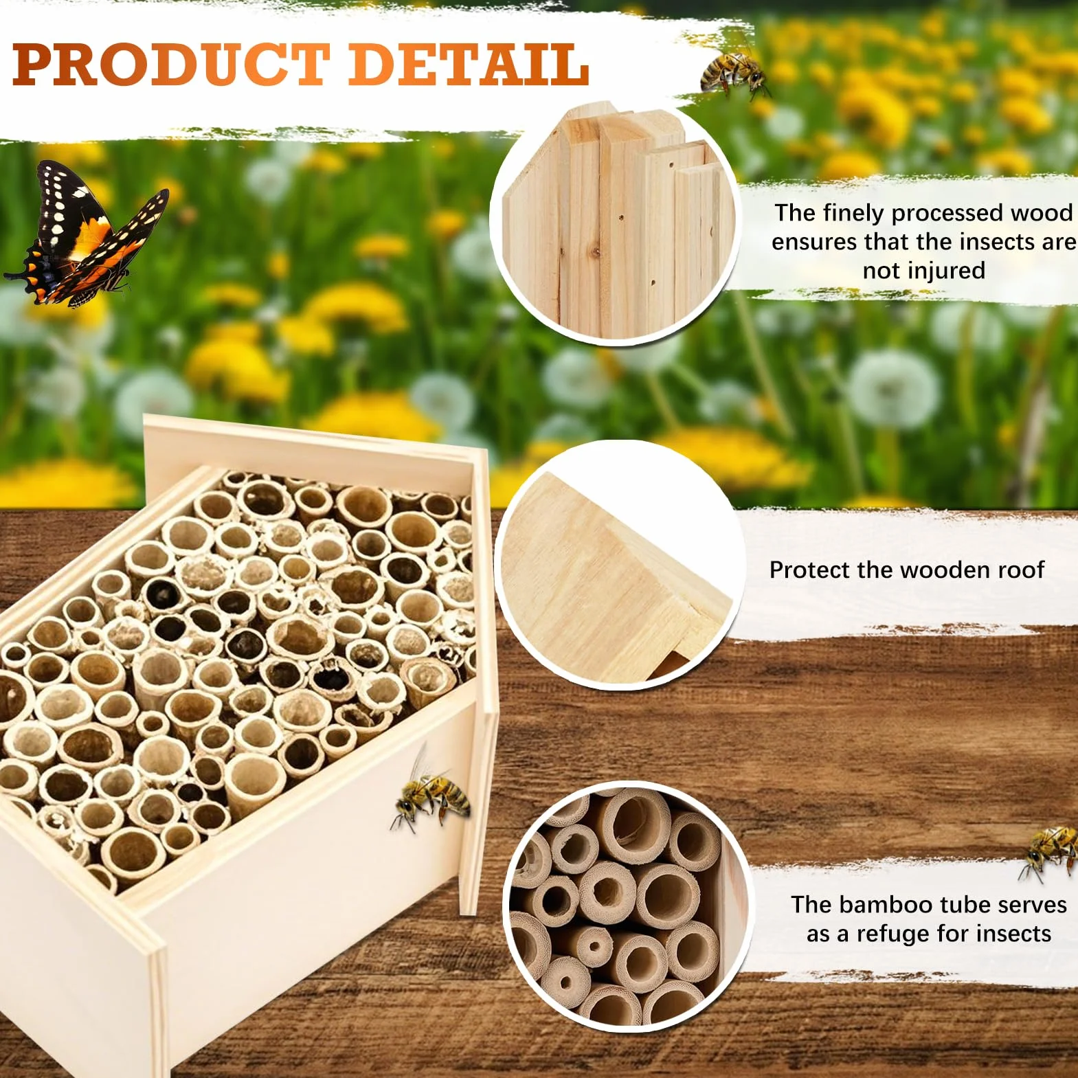 Hotel a Insectes Petite Taille en Bois Résistant aux Intempéries pour Abeilles Mellifères, Sauvages, Bourdons et Coccinelle avec Tubes en Bambou